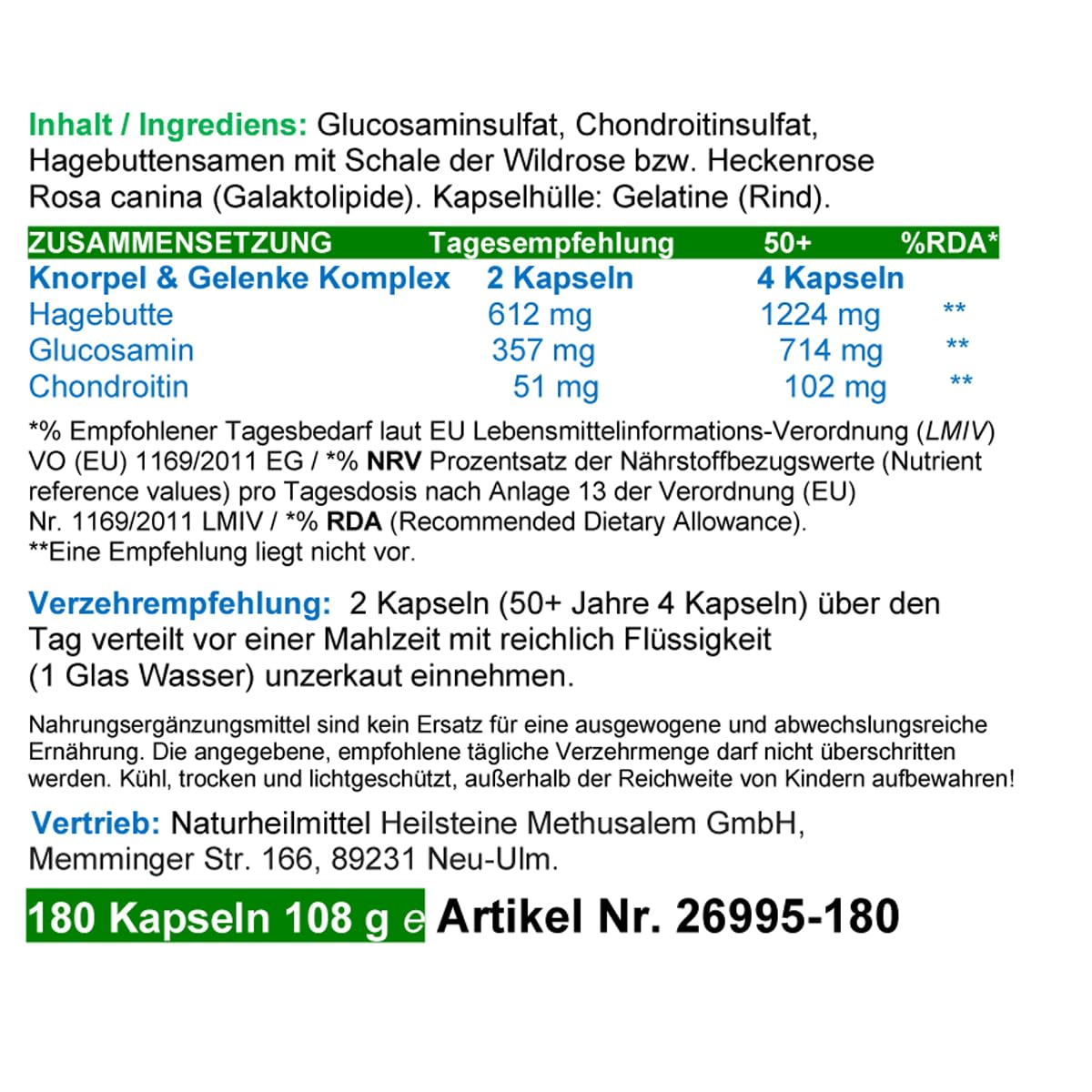 KNORPEL & GELENKE - Glucosamin + Chondroitin + Hagebutte KOMPLEX - 540 (3x180) KAPSELN Gelenkbausteine UND natürliche GELENKVITAMINE ohne ZUSATZSTOFFE. 26995-5
