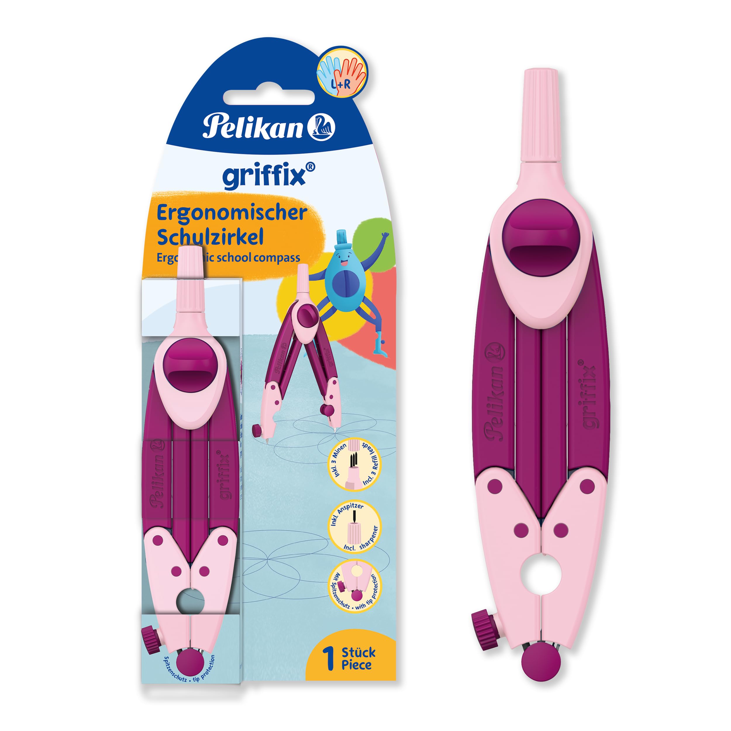 Pelikan Griffix Compass - Ideal for School - Ergonomic Shape - Includes Refills & Sharpener - Pink