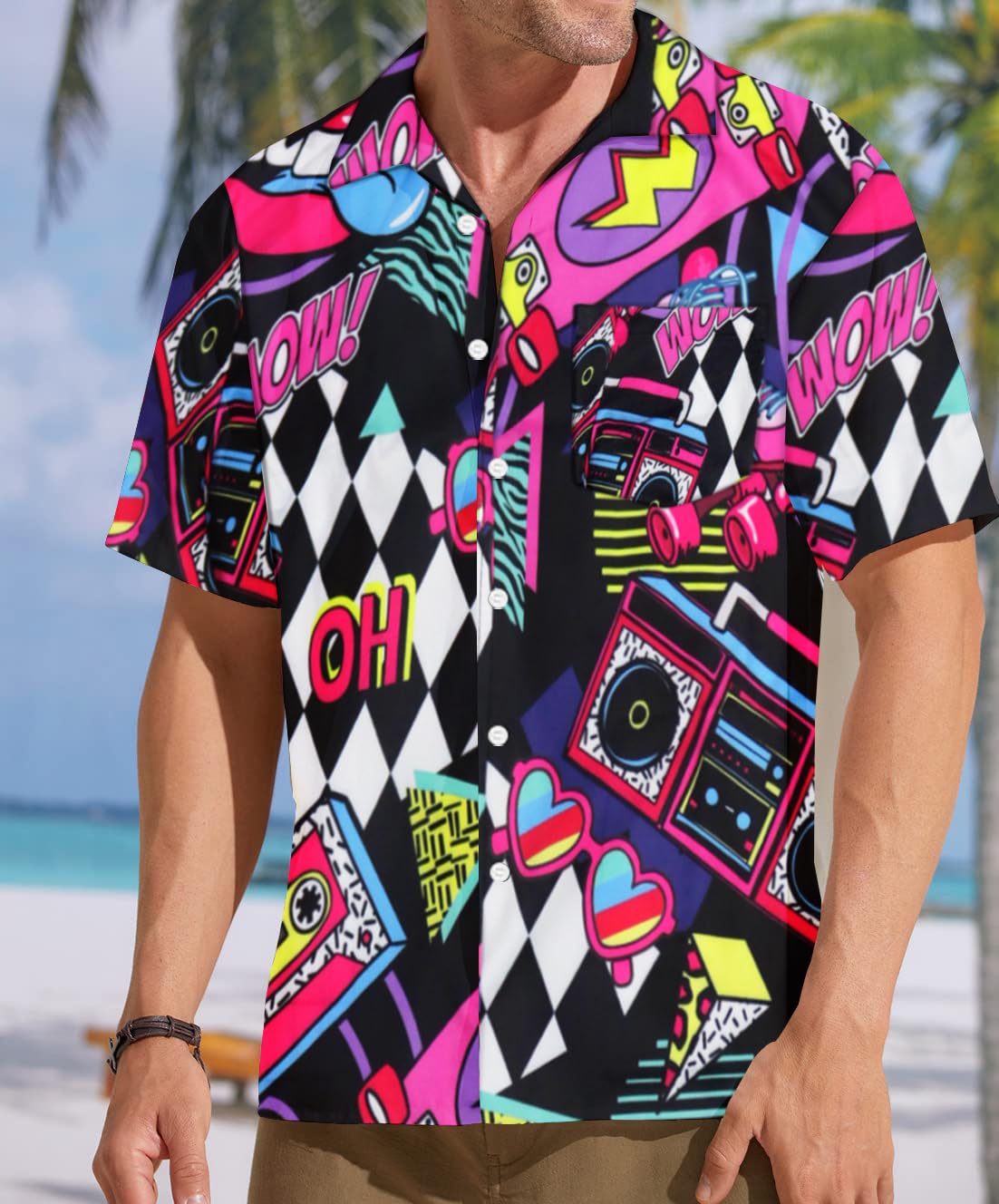 tiorhooe Chemise hawaïenne rétro des années 80 pour homme - Manches courtes - Boutonnière