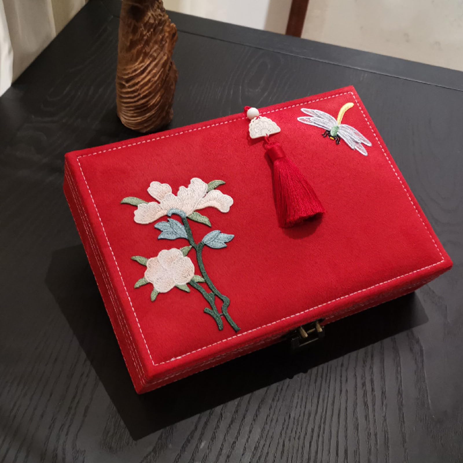 Chinesische Schmuckschatulle, handgefertigte Schmuck Organizer aus Holz mit Samt Innenraum und Schlosszubehör, Aufbewahrungsbehälter, Schmuckschatulle mit mehreren Fächern