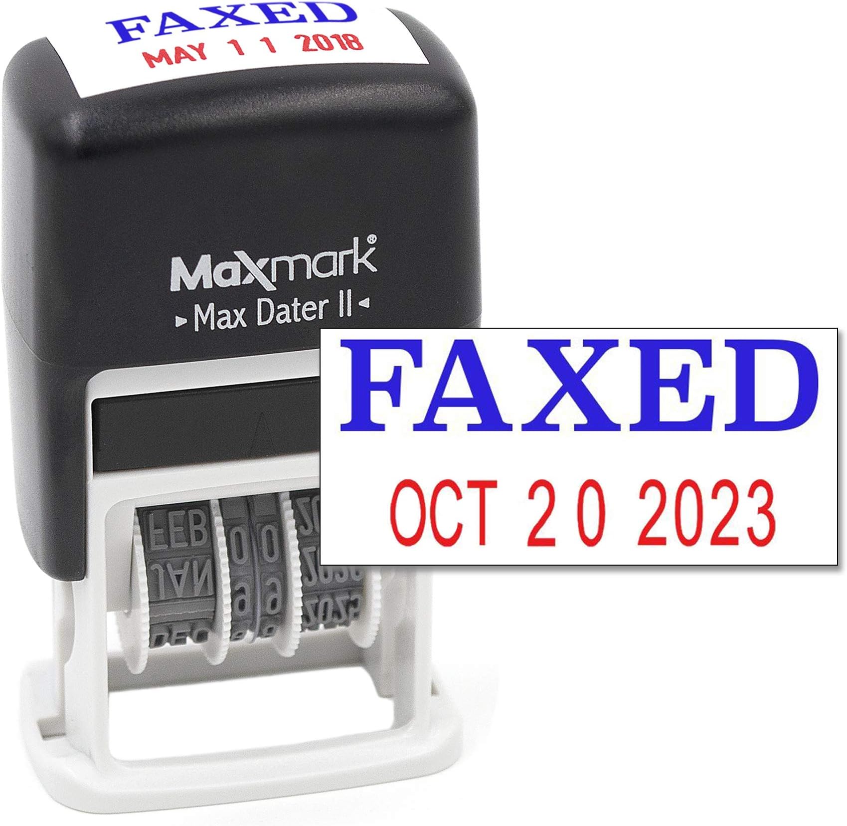 MaxMark Self-Inking Rubber Date Office Stamp with Phrase & Date - 2 Color Blue/Red Ink (Max Dater II), 12-Year Band FAXED