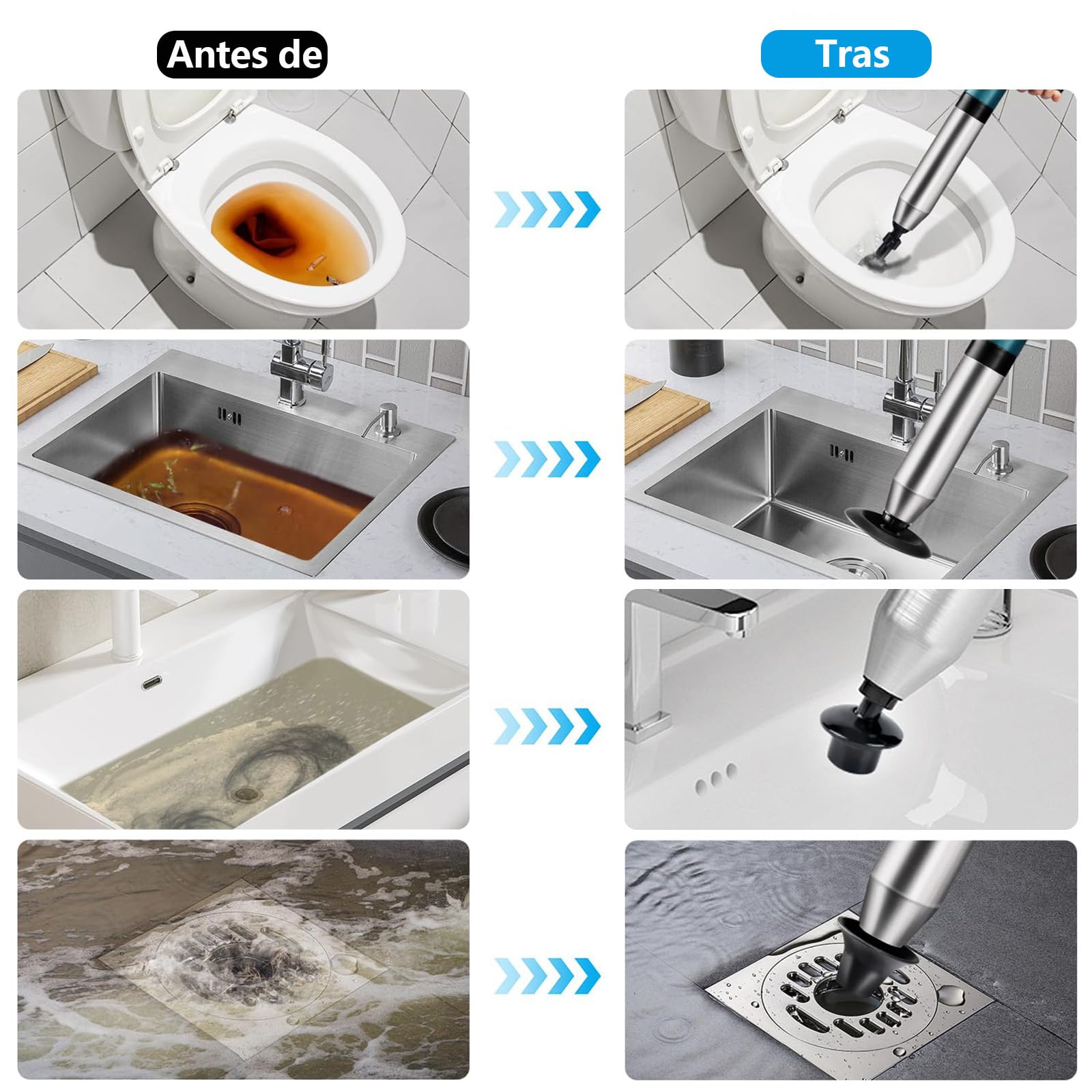 Desatascador inodoro,Desatascador tuberias profesional, desatascador wc, desatascador tuberias a presion, pistola desatascador con 3 ventosas para Cuartos de Baño Inodoros (Azul)