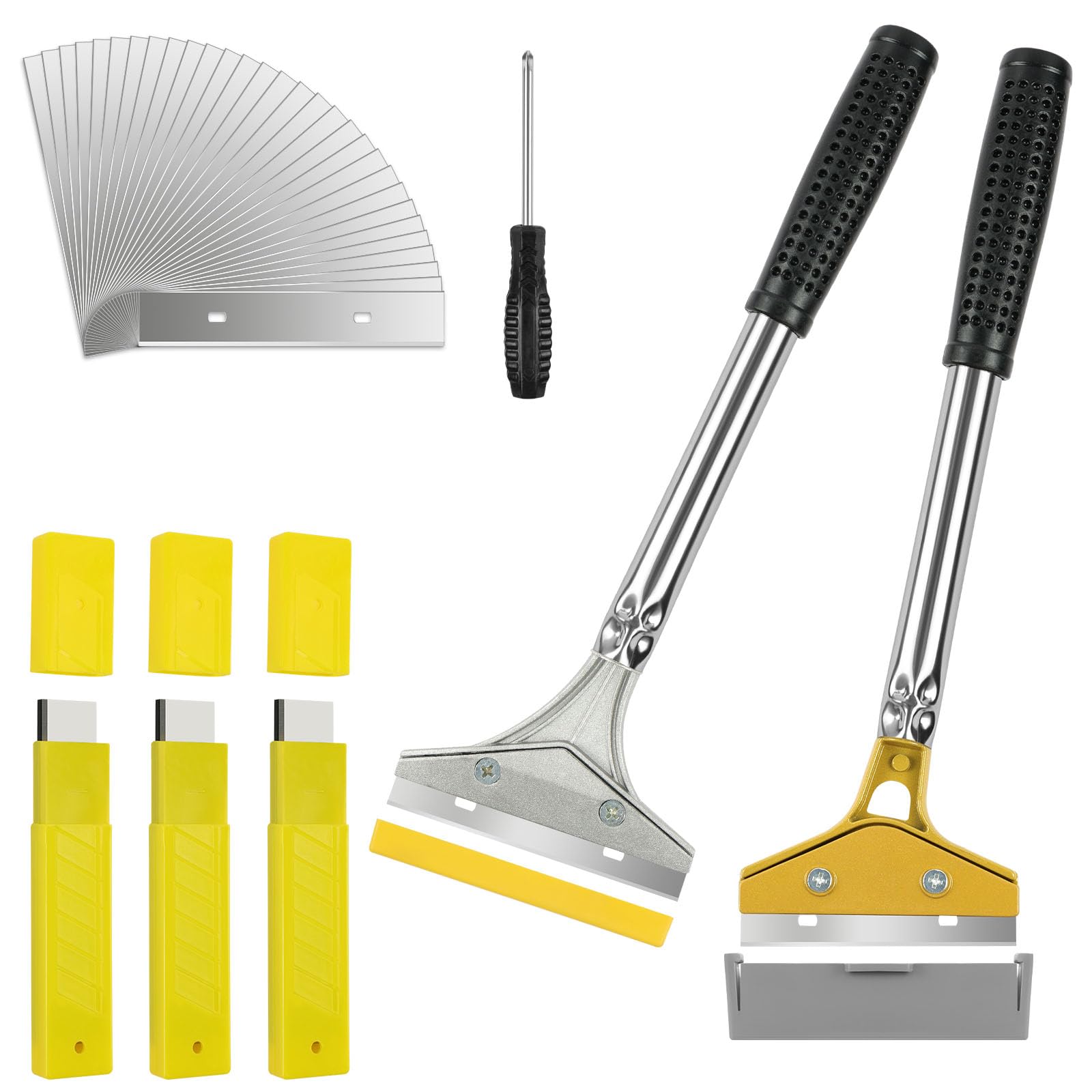 ANOMM 2 PCS Heavy Duty Wallpaper Scrapers with 30 Replace Accessories, Anti-Slip Long Handle Wallpaper Remover with Protective Cover, Floor Scraper for Removing Stickers Labels Paint Residue