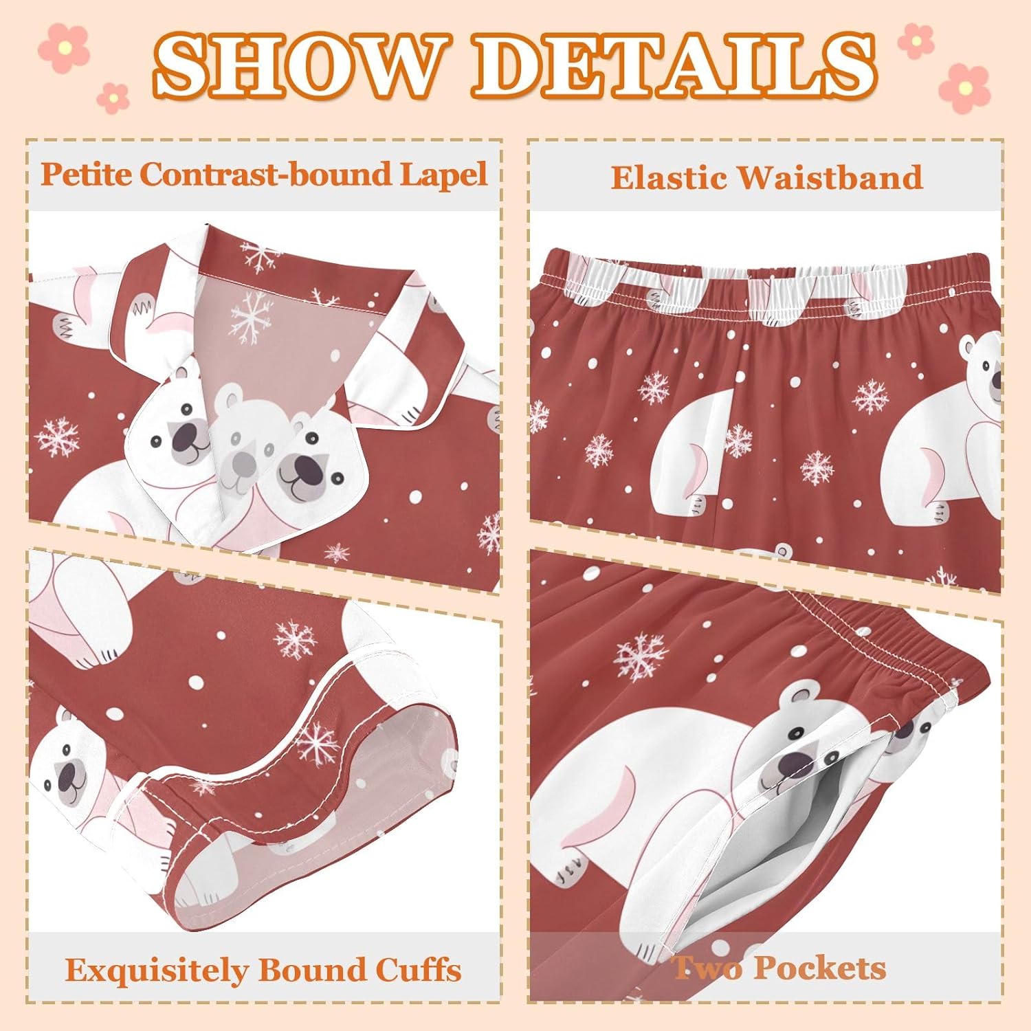 Kids Casual Satin Wear Set Polar Bear Red Pattern Unisex Relaxed Fit Clothing