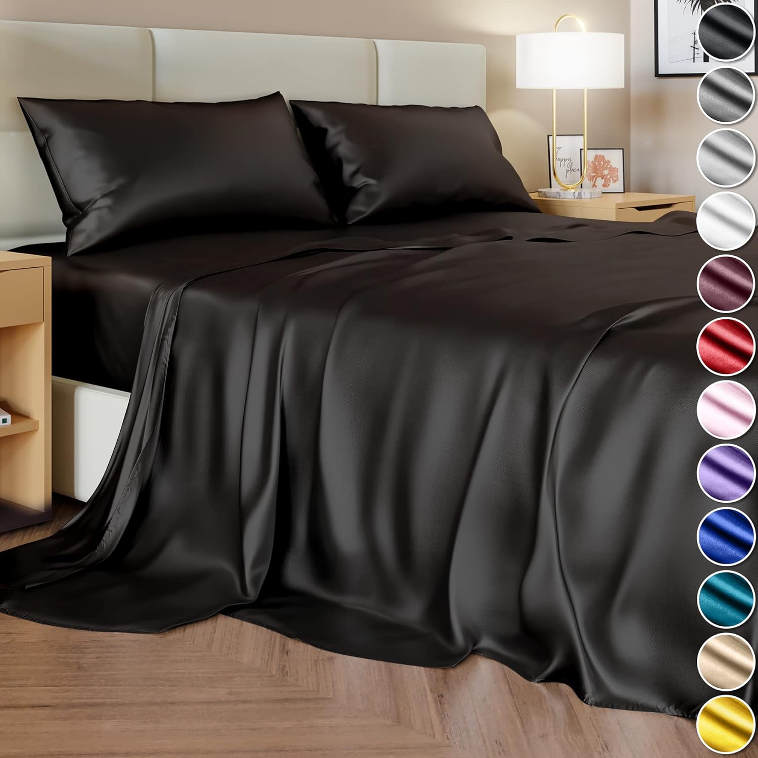 DECOLURE Satin Sheets King Bed Set (4 pcs, 8 Colors