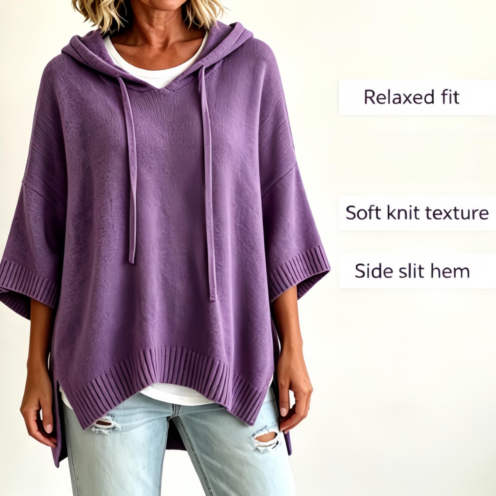 Maglione poncho da donna con cappuccio e maniche a pipistrello a 3/4