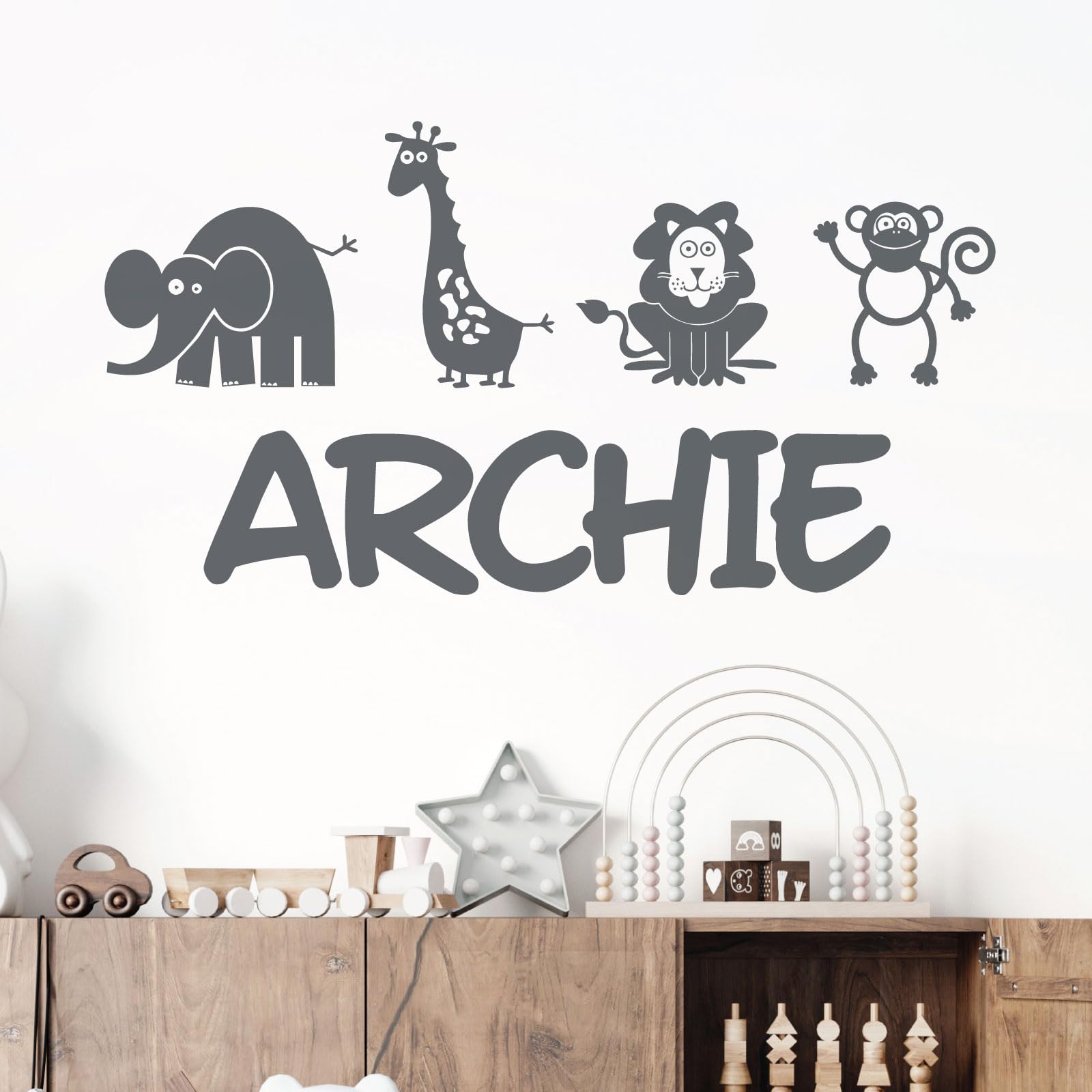 Personalised Name Children Wall Art Sticker - Cartoon Africa Safari Zoo - Giraffe, Monkey, Lion, Elephant [Medium] [Dark Grey]