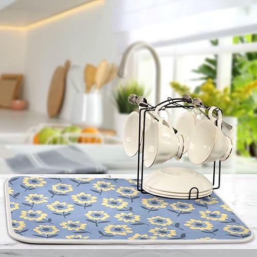 Miniatura 5 de Retro Yellow Purple Flower Cartoon Doodle Dish Drying Mat Kitchen Accessories For Countertop Dish Drainer Pad Tapete Para Cocina 16'' x 18''