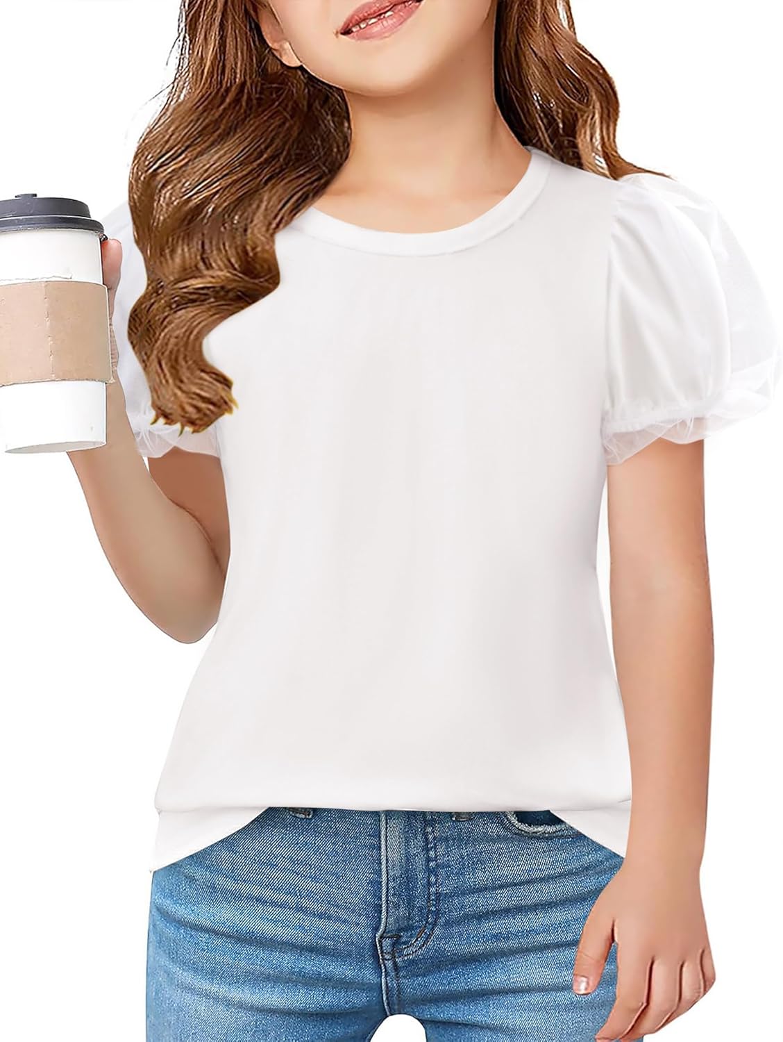 Arshiner Girls T-Shirt Summer Mesh Puff Sleeve Tops Kids Round Neck Shirt Basic Blouse Leisure Fashion Top Children’s Clothing 5-14 Years