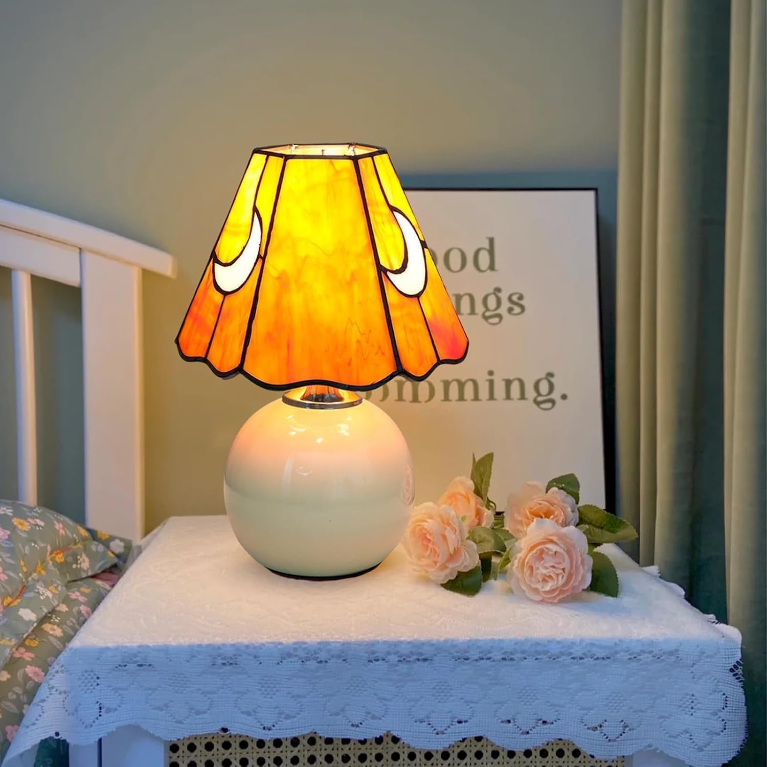 Tiffany Style Bedside Table Lamp Stained Glass Moon Mushroom Lamp for Bedroom Small Nightstand Lamps for Home Decor Living Room Bedroom Study Nursery Dorm, Orange