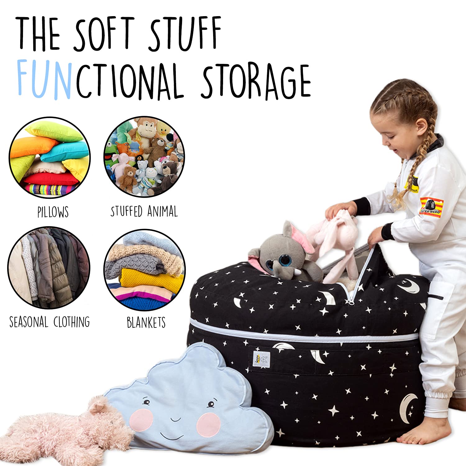 Buy 2 Sizes in 1 Large Bean bag Stuffed Animal Storage XL Jumbo Ottoman for Soft Toys, Plush