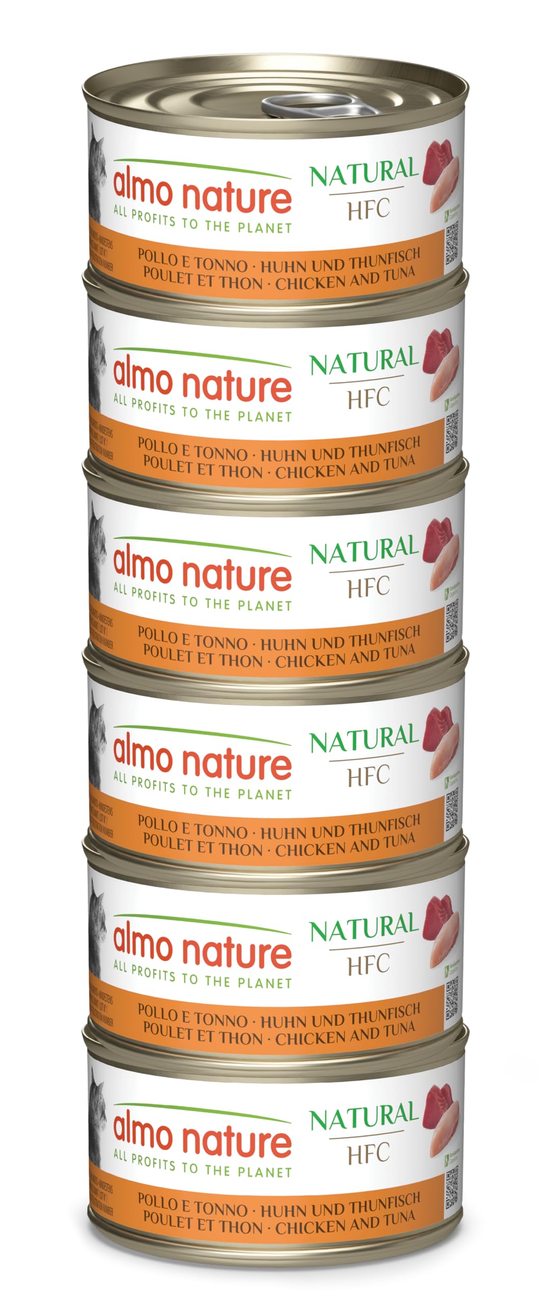 Almo Nature HFC Natural - Nassfutter für ausgewachsene Katzen - Huhn & Thunfisch - Human Grade, Glutenfrei - 6 x 70g