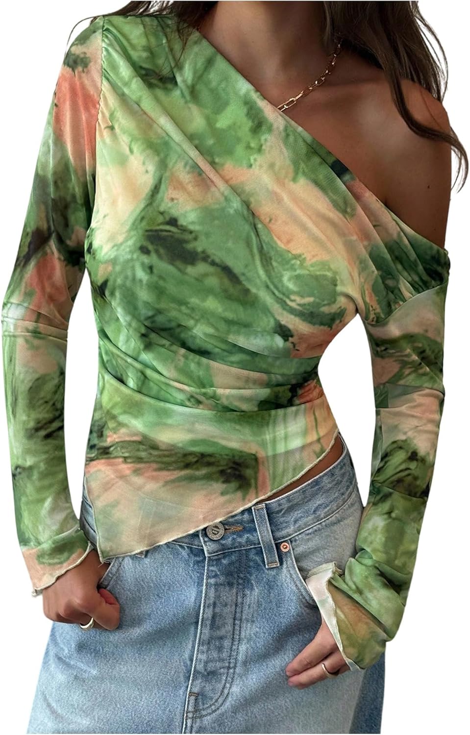 Floerns Women's Going Out Off The Shoulder T Shirts Long Sleeve Hanky Hem Mesh Y2k Tee Tops