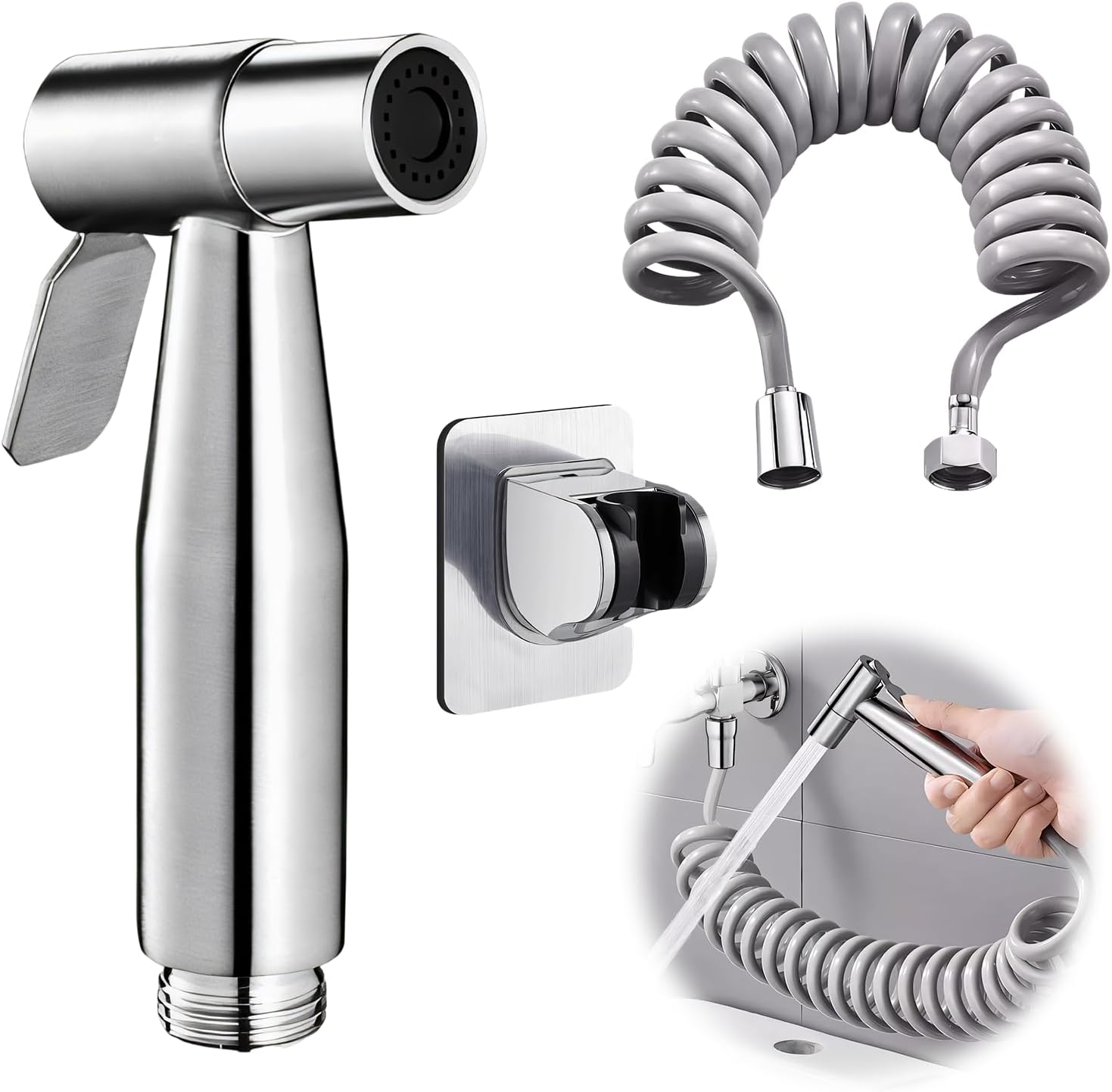 Hand Shower Toilet Bathroom for Bidet Fittings with 2 m Long Flexible Telescopic Shower Hose and Holder Stainless Steel Shower Head Nappy Shower Animal Bath Water Saving Wall Wash