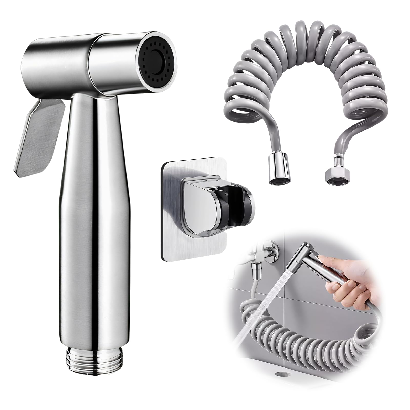 Ducha Bidet Acero Inoxidable, Grifo Portatil para WC Kit Ducha de Lavabo, con Soporte, Adaptador y Manguera WC 2m, Inodoro pulverizador de bidé de mano con gancho
