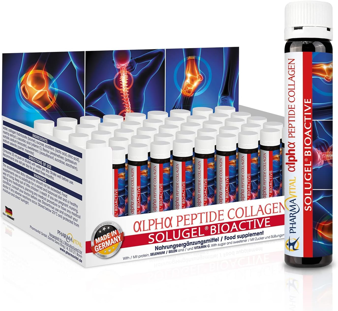 alfa peptide collagene, collagene premium, vitamina C, selenio, estratto di rosa canina 50 flaconi da 10.000 mg di idrolizzato di collagene SOLUGEL con peptidi bioattivi