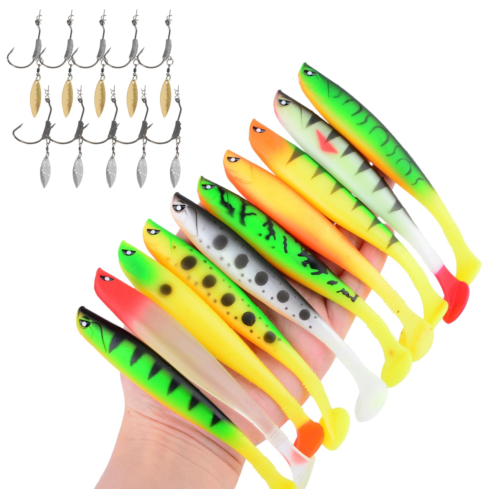 Esche in gomma per pesce luccioperca, 10 pezzi, 12 cm, 9 g, con tasche per ami standard e anche ami offset, set di esche per pesci predatori in colori accattivanti