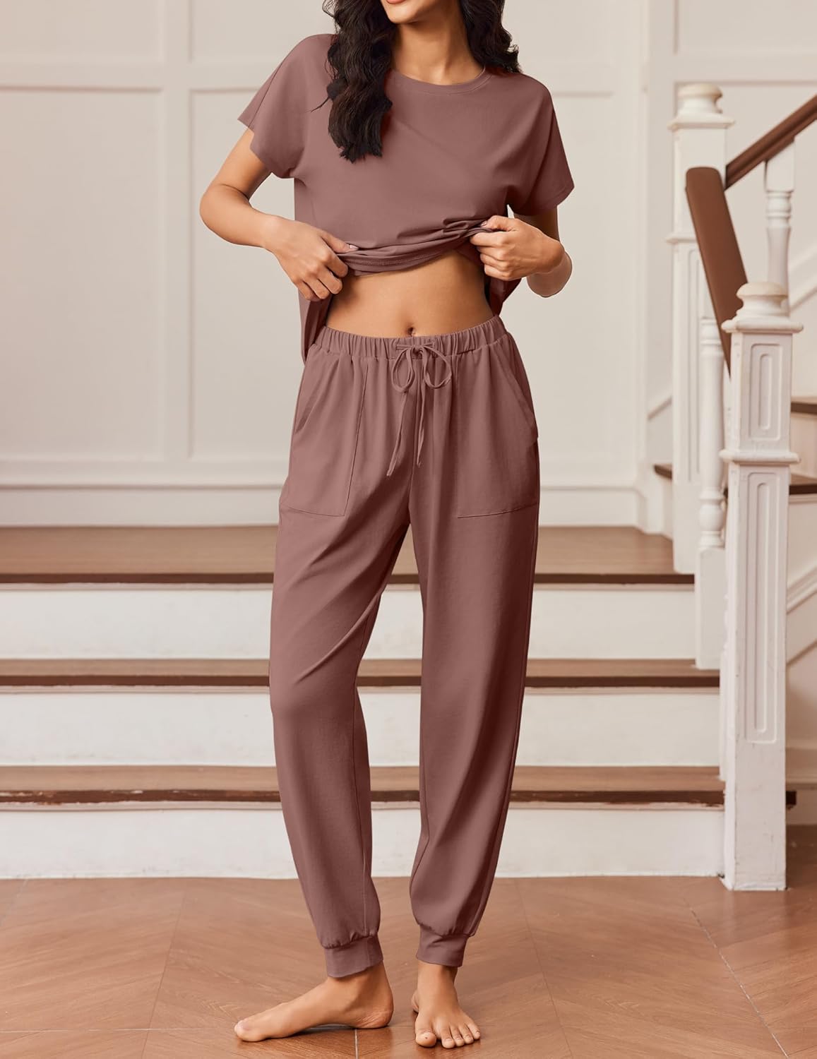 Ekouaer Womens Pajama Sets 100% Cotton Pajamas Short Sleeve Pj Top With Jogger Pants 2 Piece Lounge Set with Pocket - Image 3