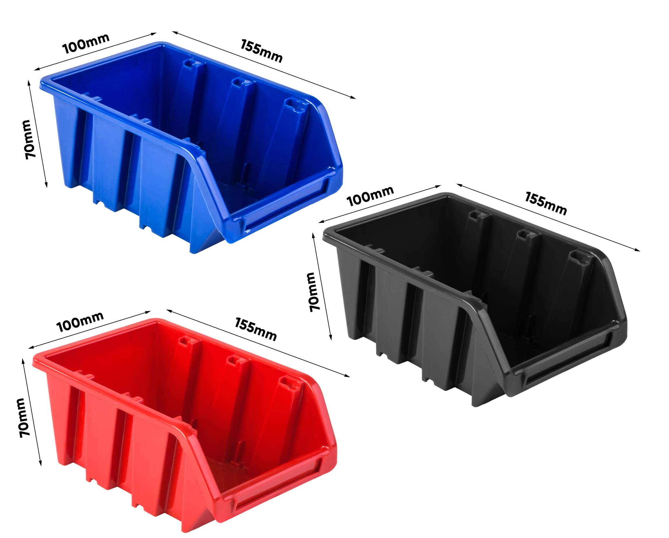 PAFEN Wandregal Stapelboxen Lagersystem - 772 x 780 mm – 63 Stück Boxen Werkstatt Schüttenregal Werkzeuglochwand (Rot/Blau/Schwarz)