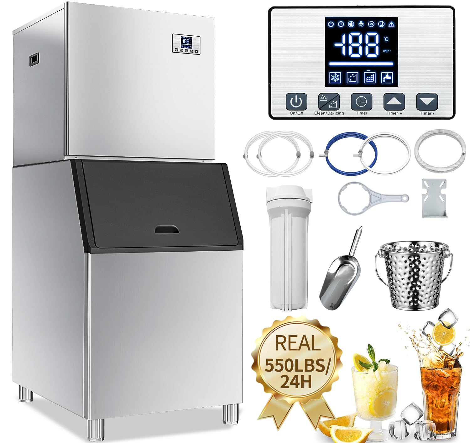 YITAHOME Commercial Ice Maker Machine 550LBS/24H with 300 LBS Storage Bin, Industrial Ice Machine with Ice Scoop & Bucket, Stainless Steel Industrial Ice Maker for Restaurant Bar Business Cafe Shop