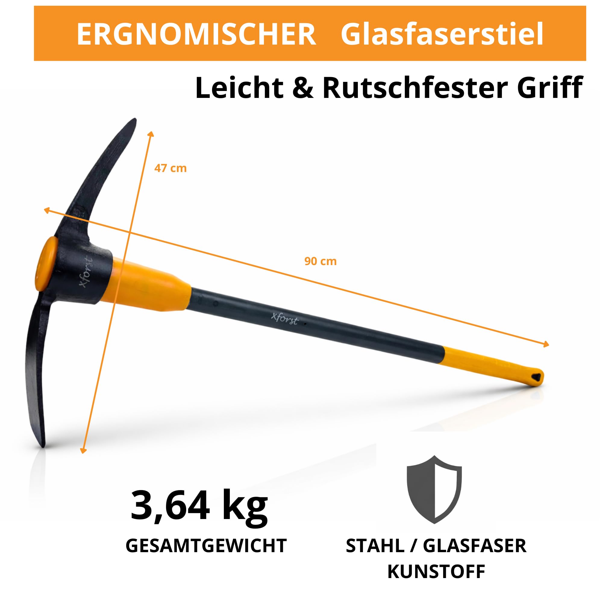 Xforst PF34 Grande Pioche de Terrassier 3,46 kg 90 cm Double Pointe Large Manche Fibre de Verre Sols Durs