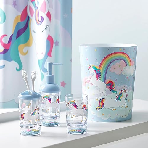 Miniatura 8 de Colección de baño de unicornio y arco iris de 5 piezas cortina de ducha dispensador de jabón soporte para cepillo de dientes vaso y papelera de