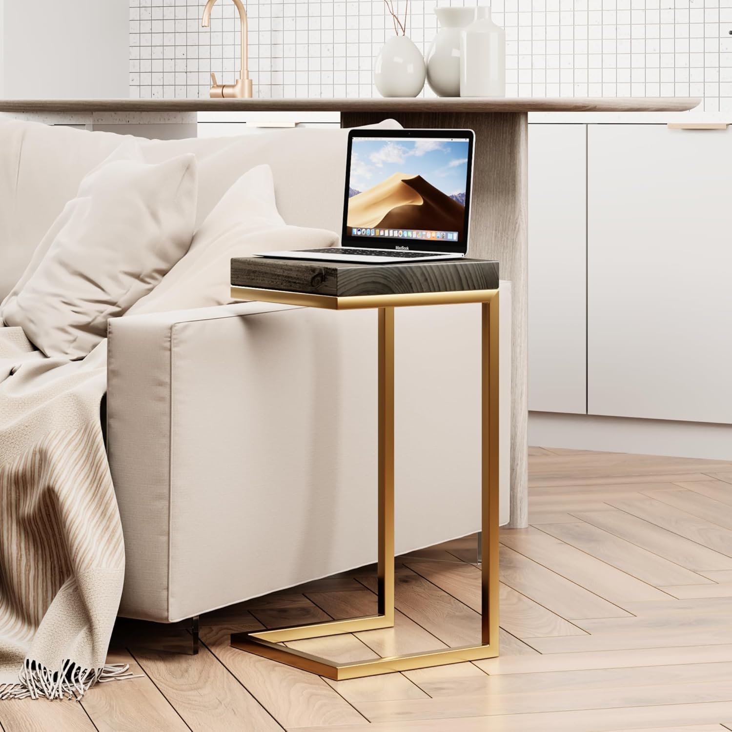 Urbandi C Shape Rustic Side Table for Living Room Couch Tray, Nightstand for Bedroom, End Table, Made in USA from Solid Pine Wood and Strong Metal Base, Comes Fully Assembled (Gold/Aged Barrel)