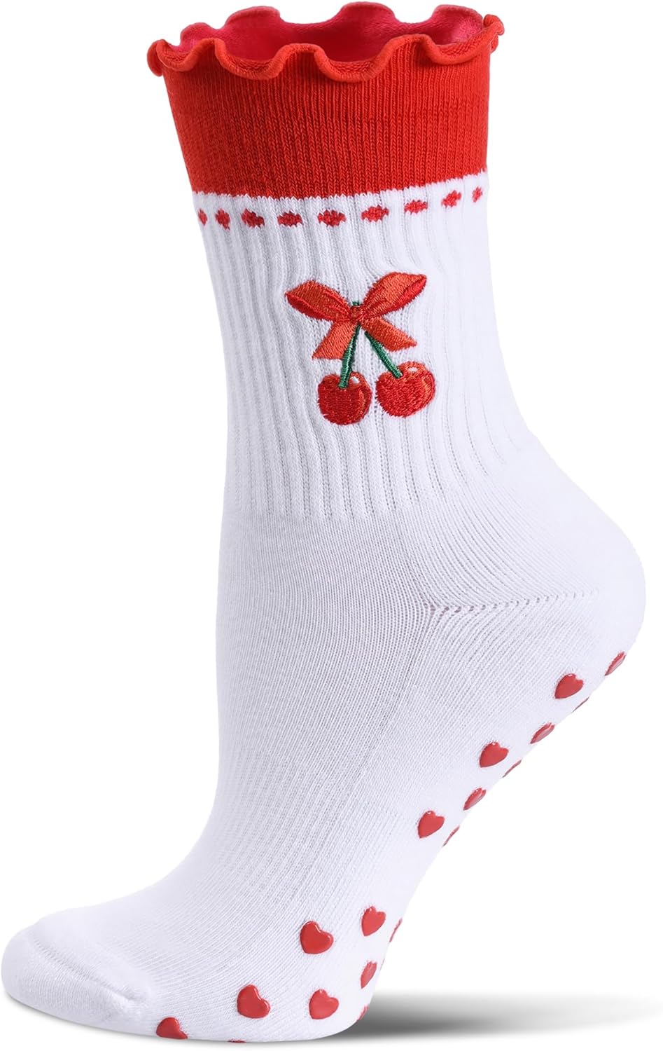 Cute Pilates Socks with Grips for Women Ruffle Cuff Embroidery Non Slip Yoga Socks ...