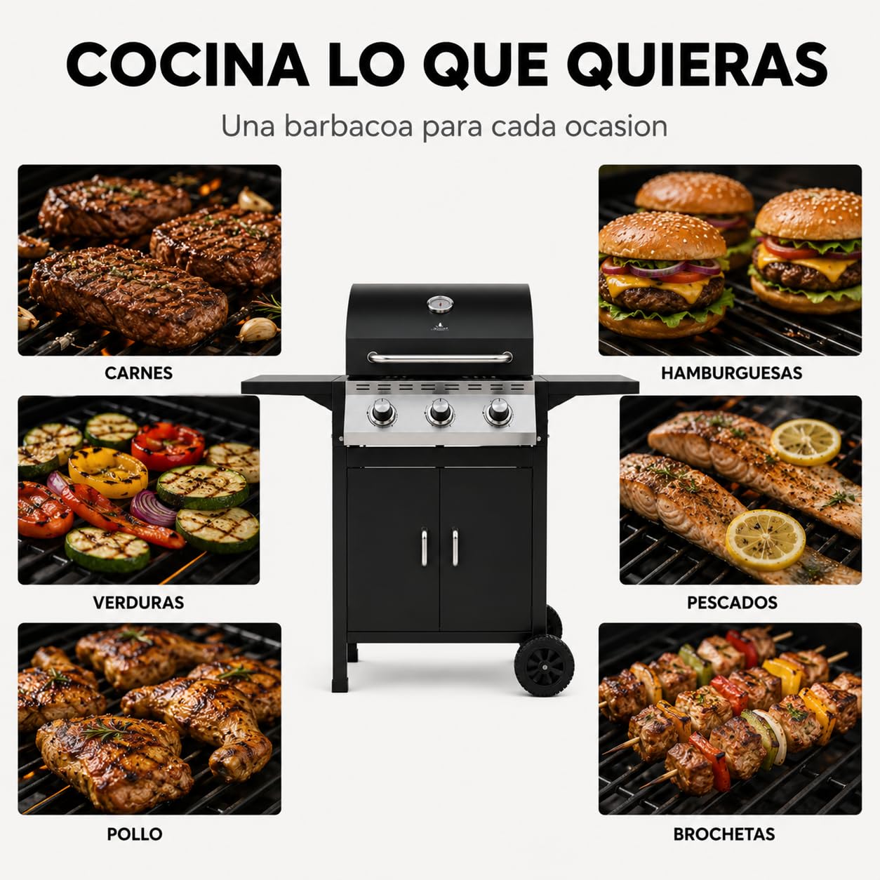 Barbacoa de gas 3 fuegos con tapa y termómetro integrado – Parrillas resistentes, ventilación lateral, mesas laterales plegables, estructura robusta – Barbacoa exterior