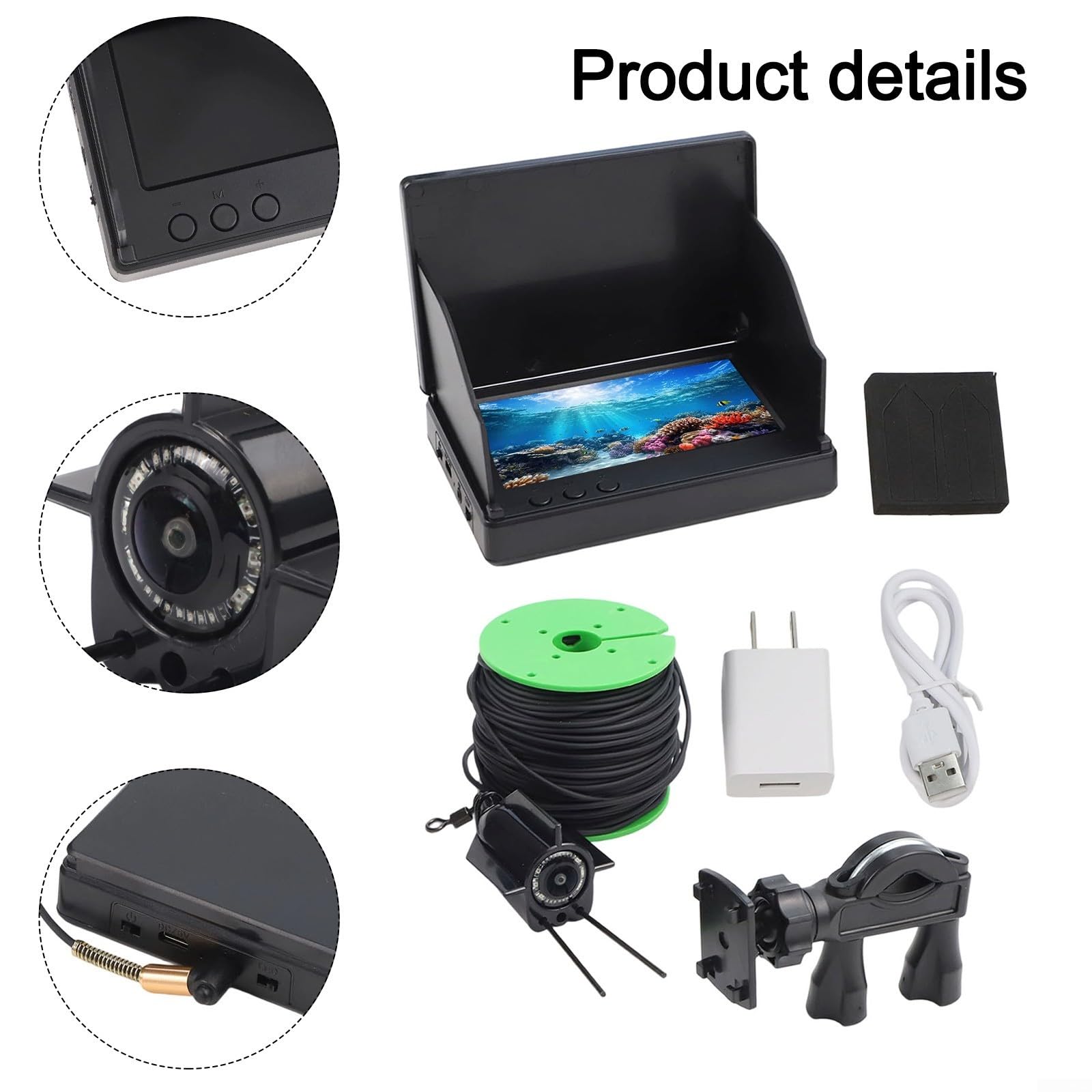Cámara de pesca subacuática con visión nocturna y gran angular de 220°, buscador de peces HD con pantalla de 4.3 pulgadas, equipo portátil de pesca en hielo para condiciones de poca luz, negro (50 m)