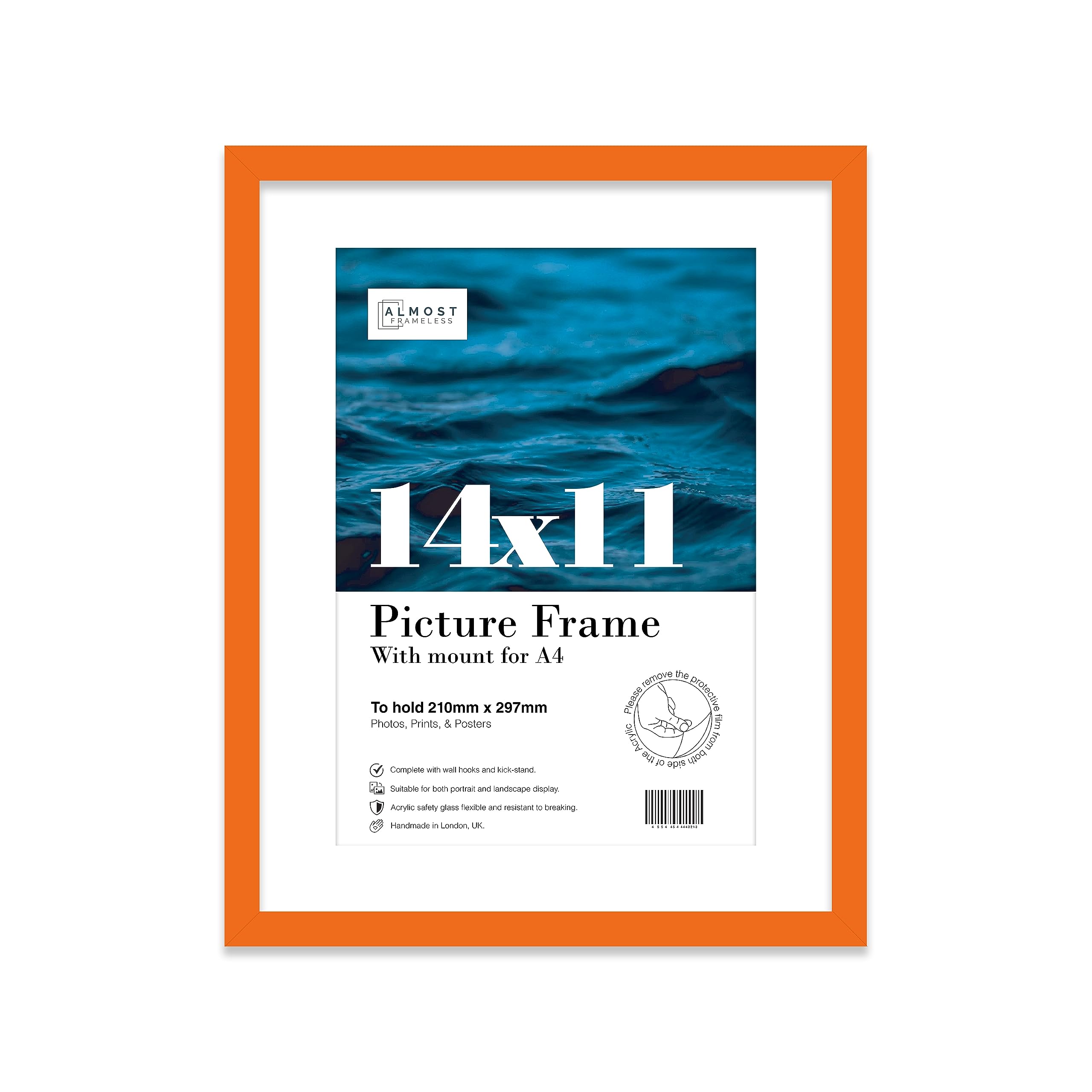 Almost Frameless 14x11 Orange Picture Frame With Mount for A4 Print, Poster or Photo Poster, Photo, Artwork, or Print. Thin Edge Slim Frame Portrait and Landscape Display with Wall Hooks