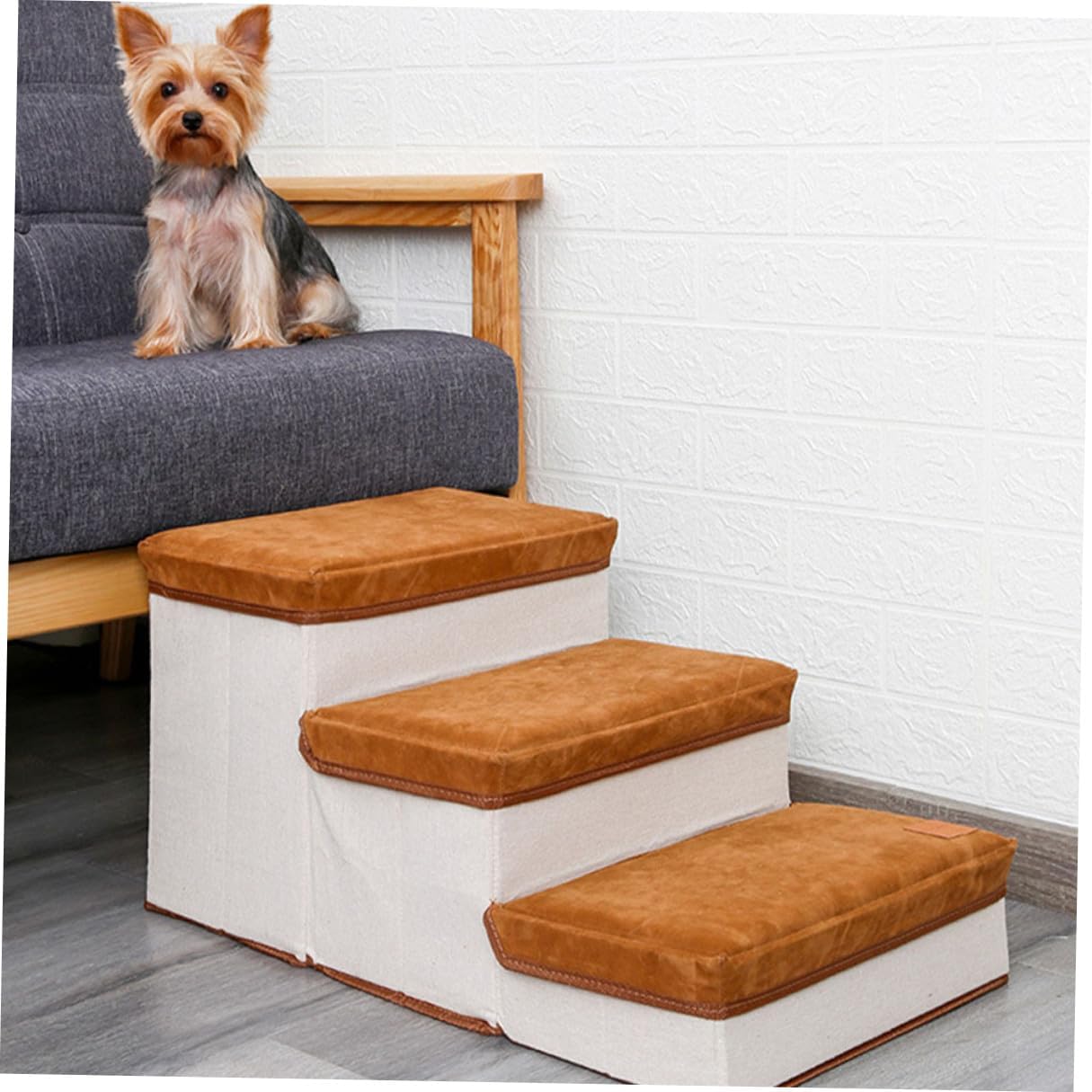 BESTonZON Foldable Dog Ladder with Three Steps, Brown Pet Stair for Puppies, Compact Storage Staircase for Small Dogs, Indoor Use for Sofa, Bed, and Furniture Access