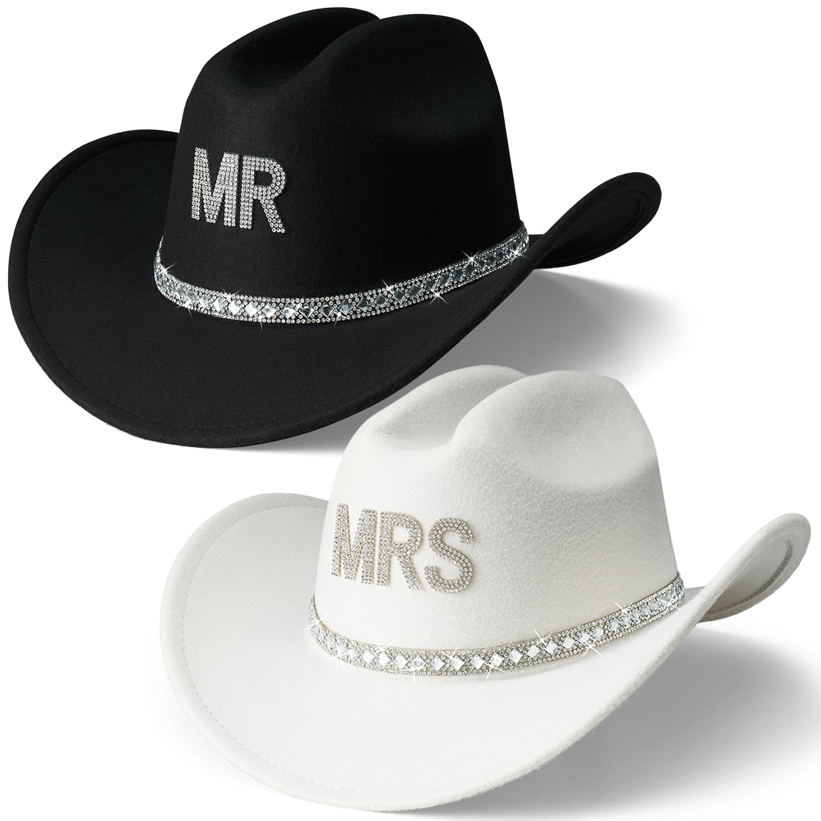 AW BRIDAL Mr and Mrs Gifts 2 Pcs Rhinestone Felt Cowboy Hat for Women Men White Cowgirl Hat Black Cowboy Hat, Anniversary Engagement Bridal Shower Wedding Gifts for Couples, Bride and Groom, Newlyweds
