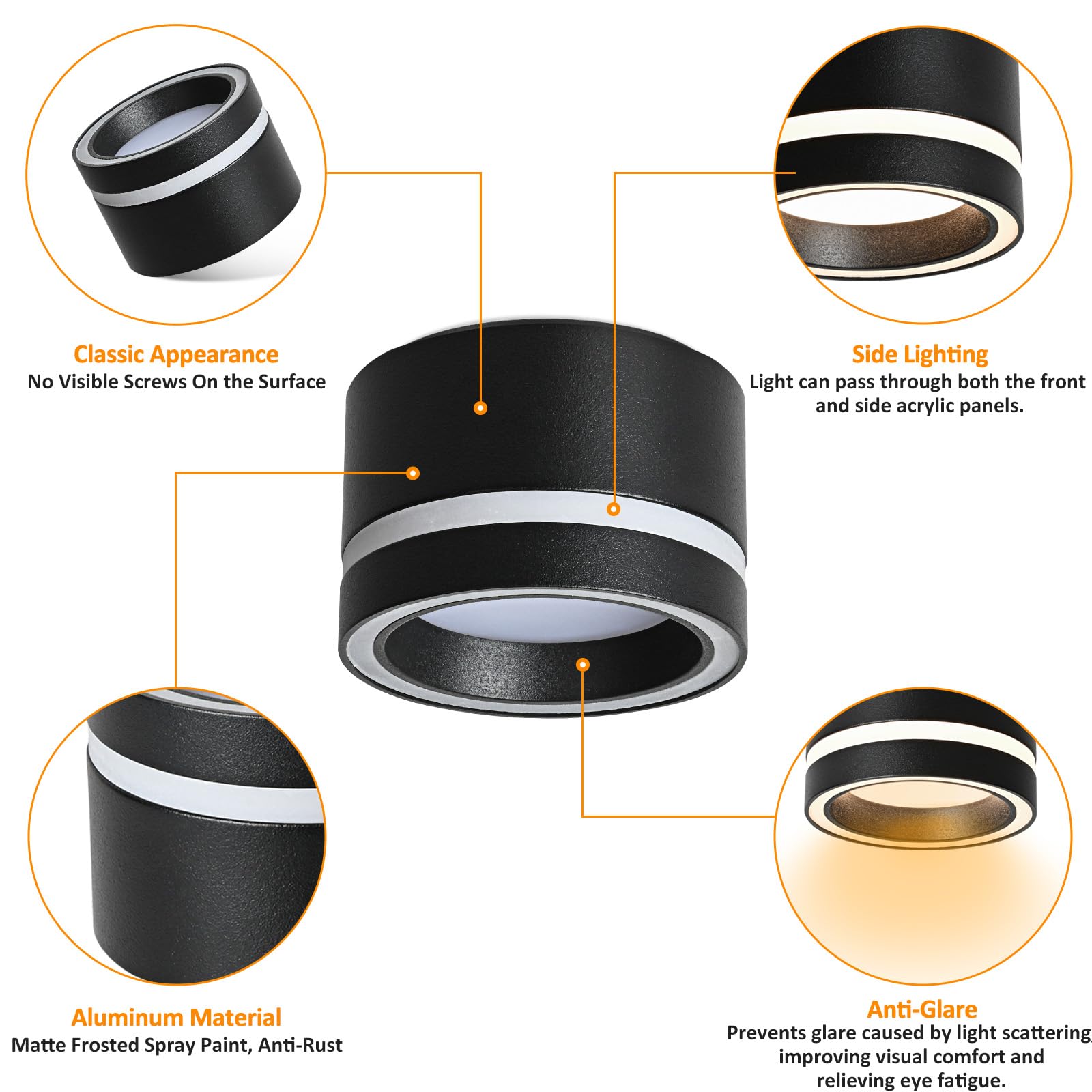 Foco de Techo Negro, Focos techo Superficie, Focos LED Interior Techo 6W GX53 3CCT 3000K Cálido/ 4000K Natural/ 6500K Frio, Aplique Techo Aluminio Redonda para Baño, 4 Pcs