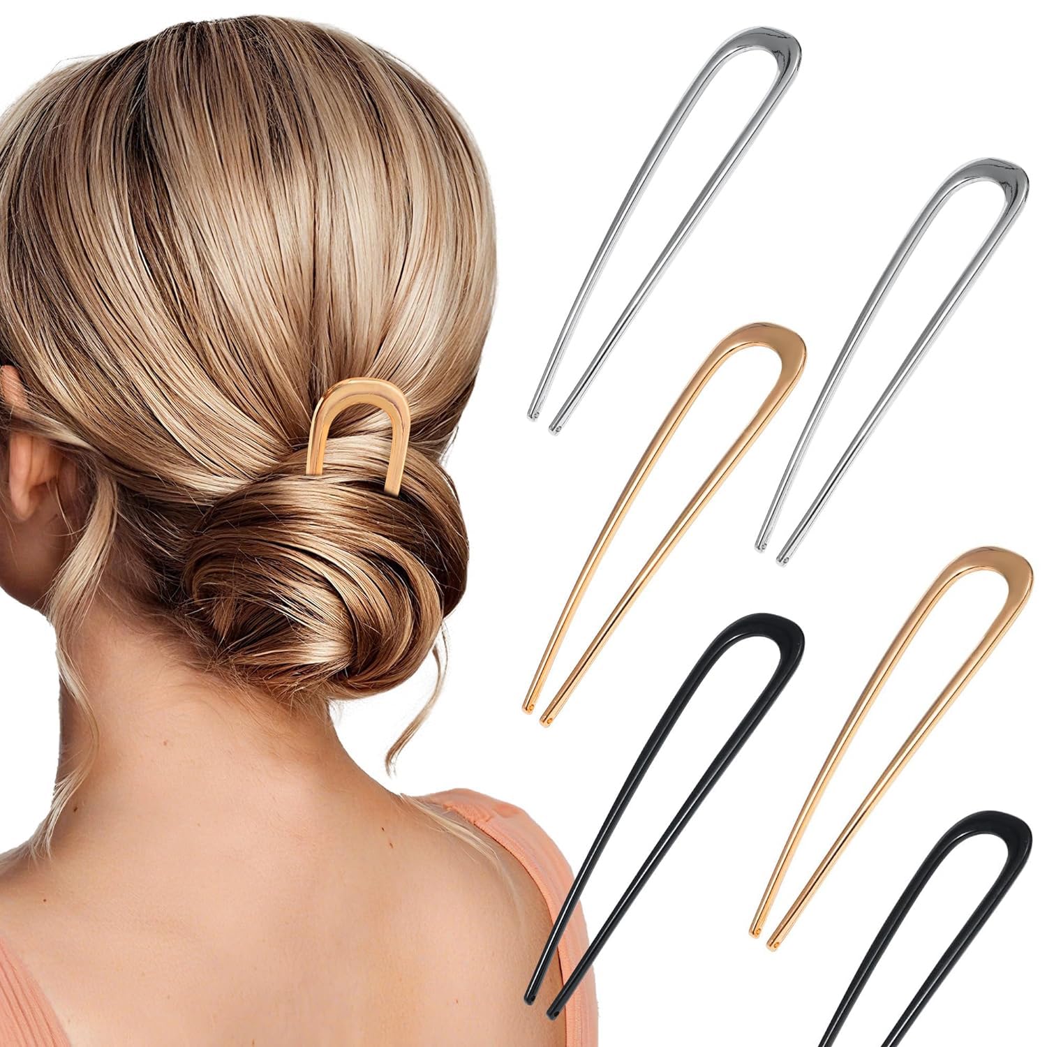 Amzboen 6 Pcs French Hair Pins for Women,5.5 Inches U Shaped Hair Fork for Thick Hair,U Shaped Hair Pins for Women,French Twist Hair Pin for Long Thick Hair Style