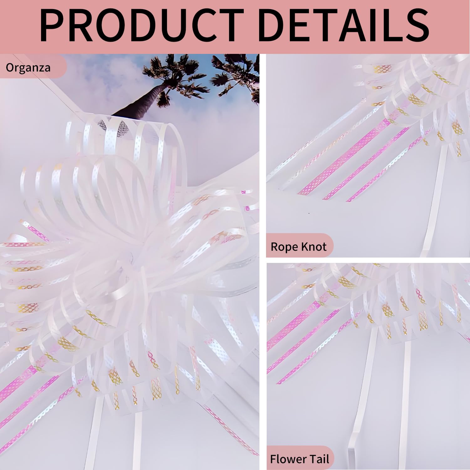 Lazos Grandes de Cinta para Regalo | Lazos Desplegables Blancos de Cinco Hilos - 6 Piezas