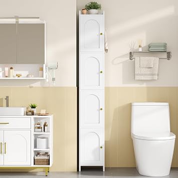 Hzuaneri 70.9" H Bathroom Storage Cabinet, Tall Corner Cabinet with 4 Doors and Adjustable Shelf, Slim Freestanding Floor Cabinet with Arched Door for Small Spaces, 11" D x 11" W x 70.9" H White