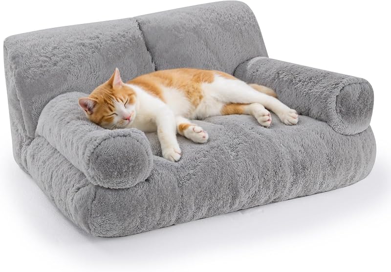 Gimars Large Cat Bed for Indoor Cats, Gray | 10% More Stuff Sponge, Orthopedic Pet Couch with Bolstered Edges, Fluffy Washable & Removable Cover, Anti Slip Base