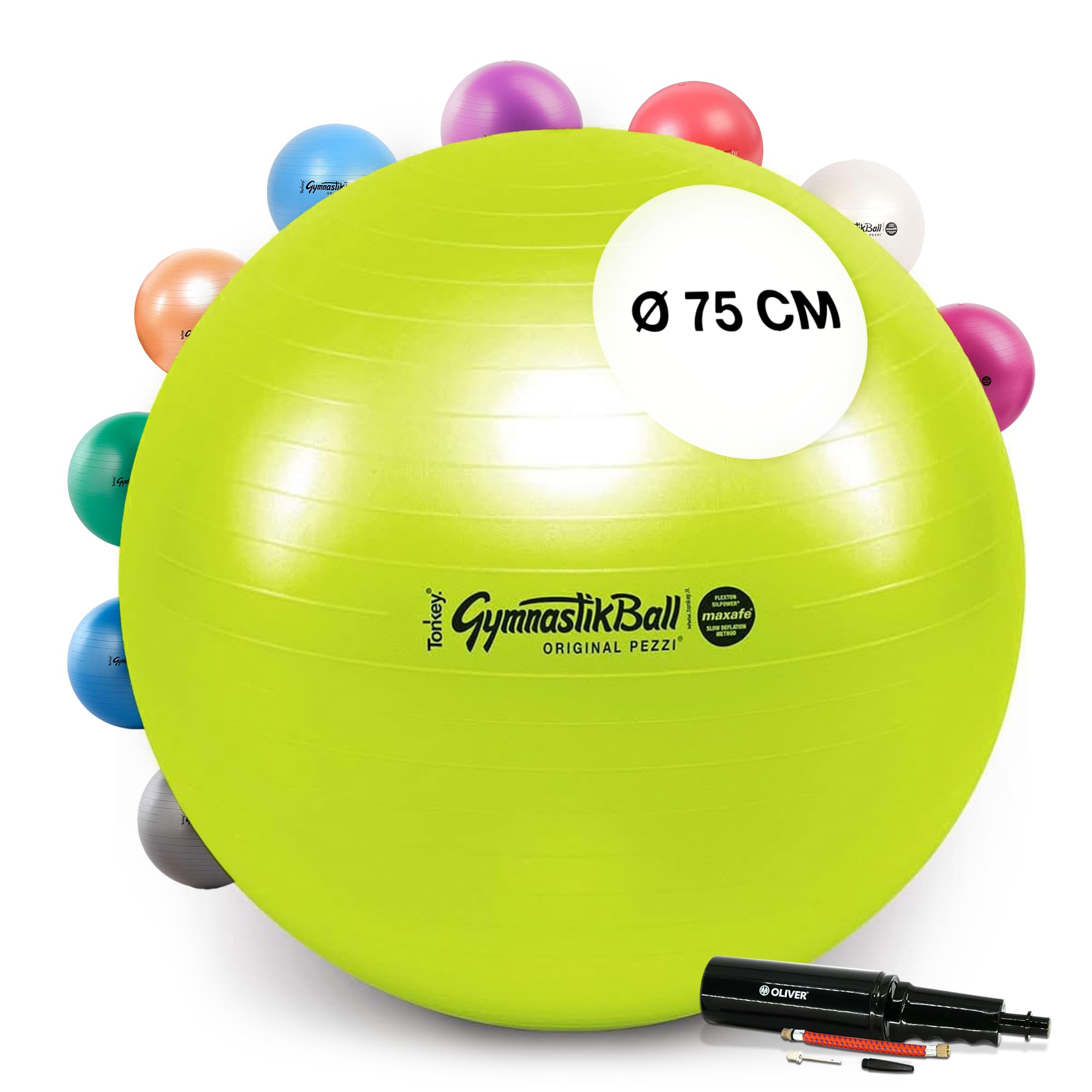 PEZZI - Gymnastikball Original Pezziball MAXAFE 75cm Ø mit Oliver Rapid Pumpe – Sitzball für Therapie, Sport & Büro - Universeller Trainingsball aus Flexton Silpower® belastbar bis 400 kg – Apfelgrün