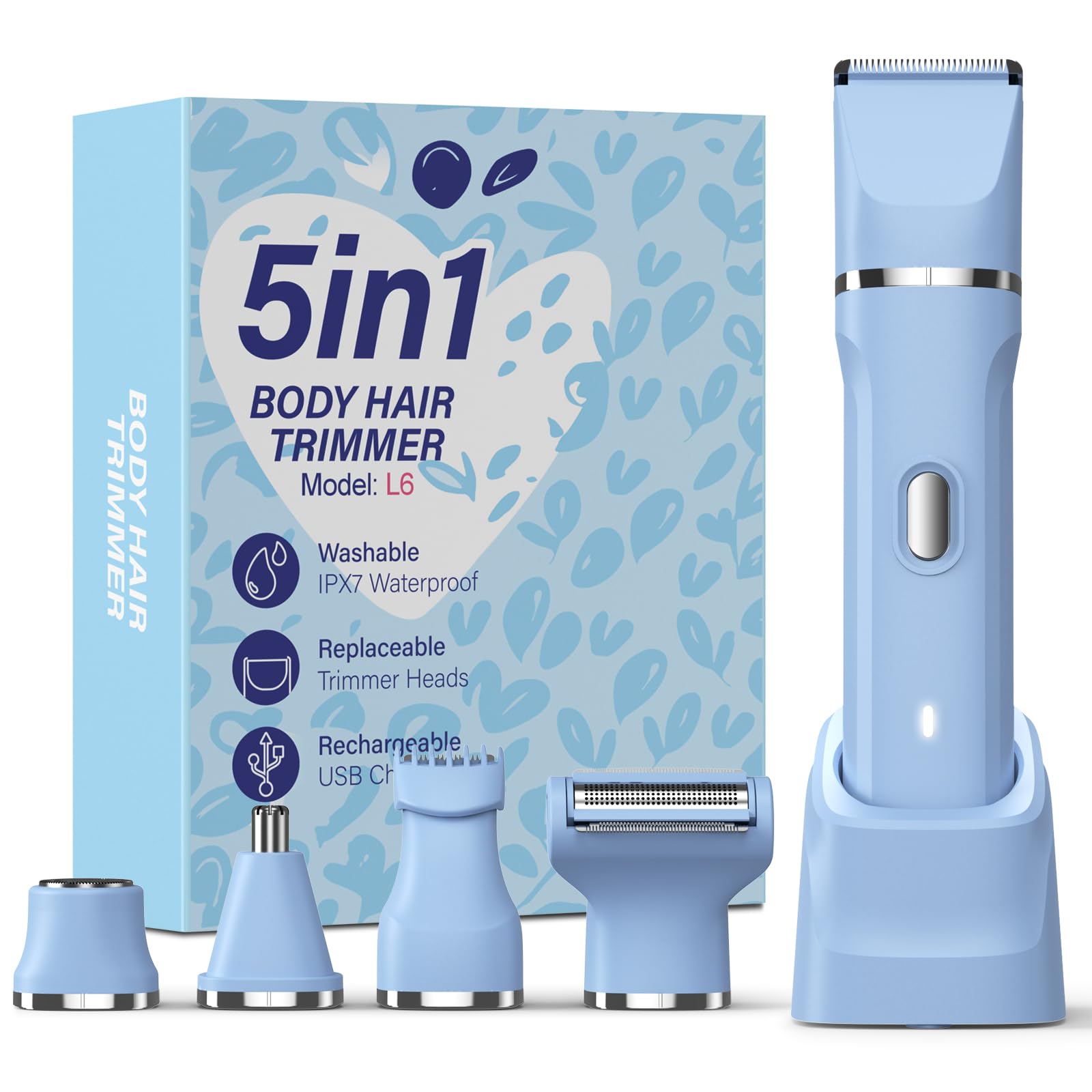 5-in-1 Bikini Trimmer for Women, IPX7 Waterproof Electric Razors Shaver, Cordless Body Hair Trimmer, Facial &amp; Pubic Hair Removal, Ceramic Blade (Sky Blue)