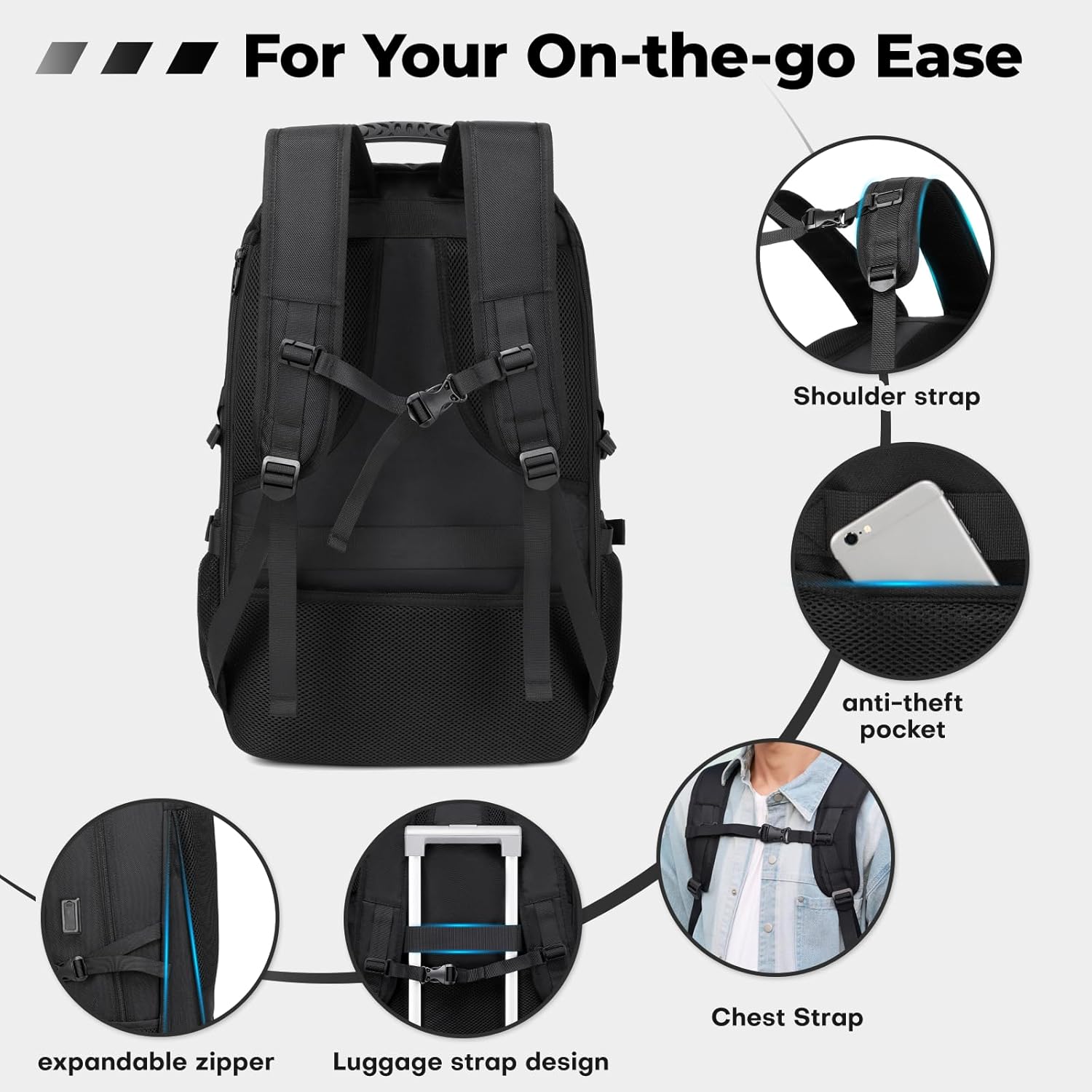 17.3 Inch gym backpack with shoe compartment,50L Multiple Compartments Backpacks, Airline Approved Carry on Travel Daypack Anti Theft with USB Charging Port,for Men Women Travel Work Business - Image 5