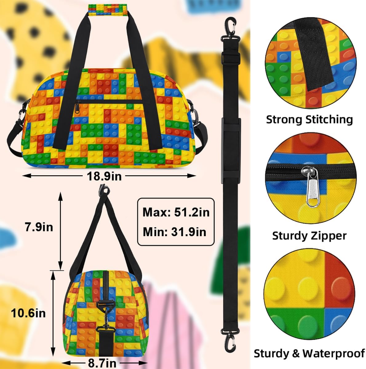 Kids Travel Duffle Bag - Large Sports Gym Bags Duffel Tote for Boys Girls Carry On Weekender Overnight Sleepover Bag(Colorful Building Blocks)