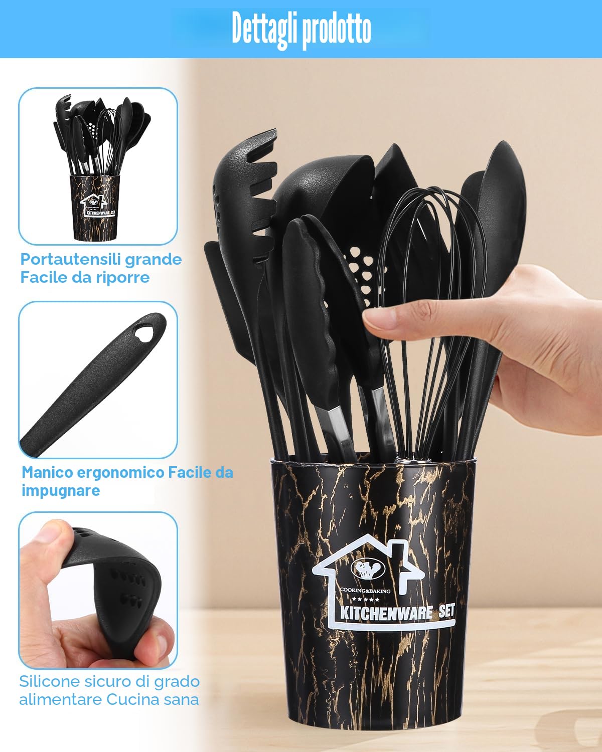 18 Pezzi Utensili Cucina Silicone, Antiaderente resistente al calore,Set di Utensili da Cucina in Silicone,Lavabile in lavastoviglie,Set Mestoli Cucina,Accessori Cucina con contenitore(Nero)