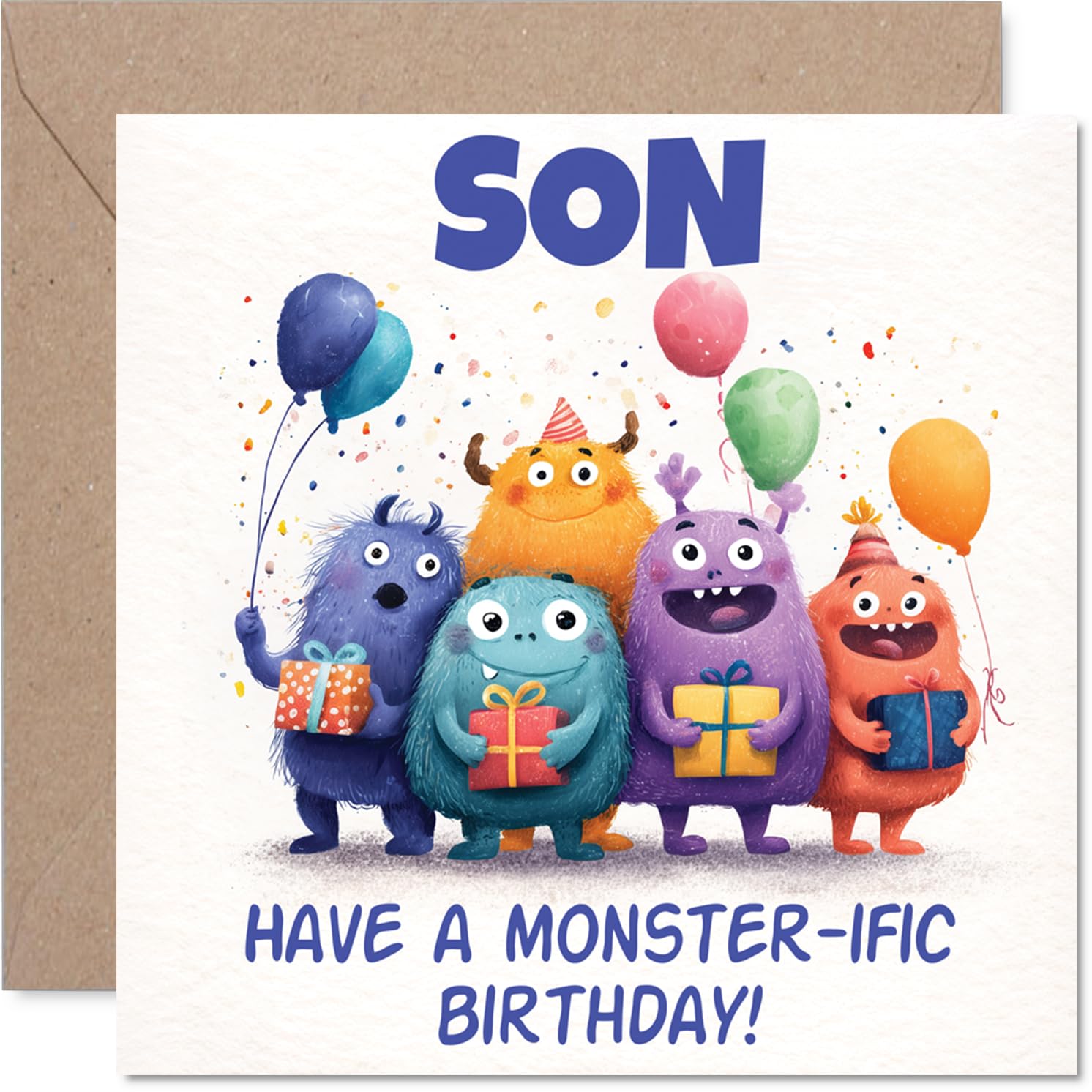 Playful Birthday Card for Son - Monster Mayhem and Birthday Cheer - Cartoon Creatures, Balloons and Gifts - 145mm Square, Envelope Included