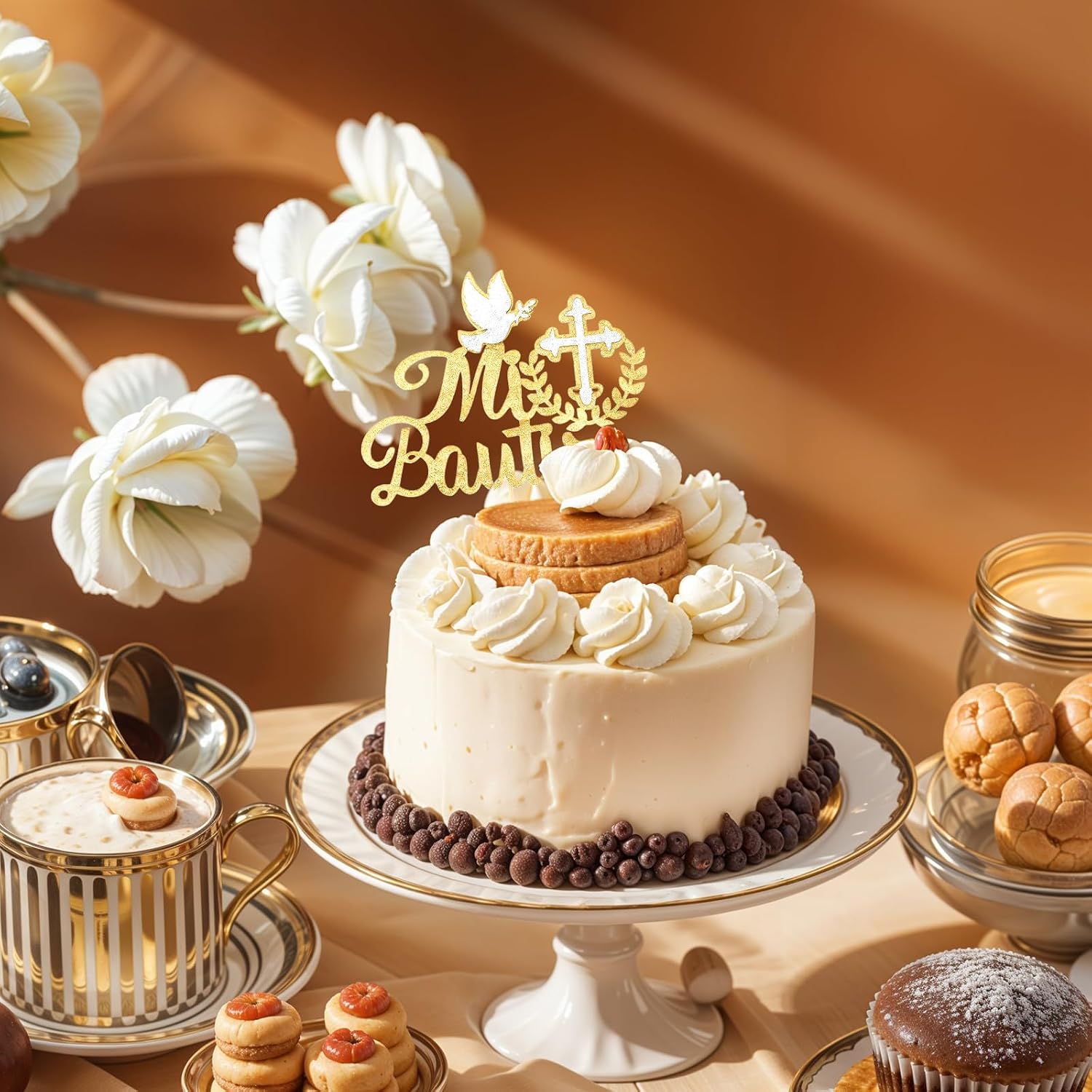 Spanish Mi Bautizo Cake Topper First Holy Communion Cakes Pick Glitter Bless Baptism Cake Decoration Golden Birthday Party Supplies Cross Dove Cakes Deco for Christening Shower Theme Gender Reveal