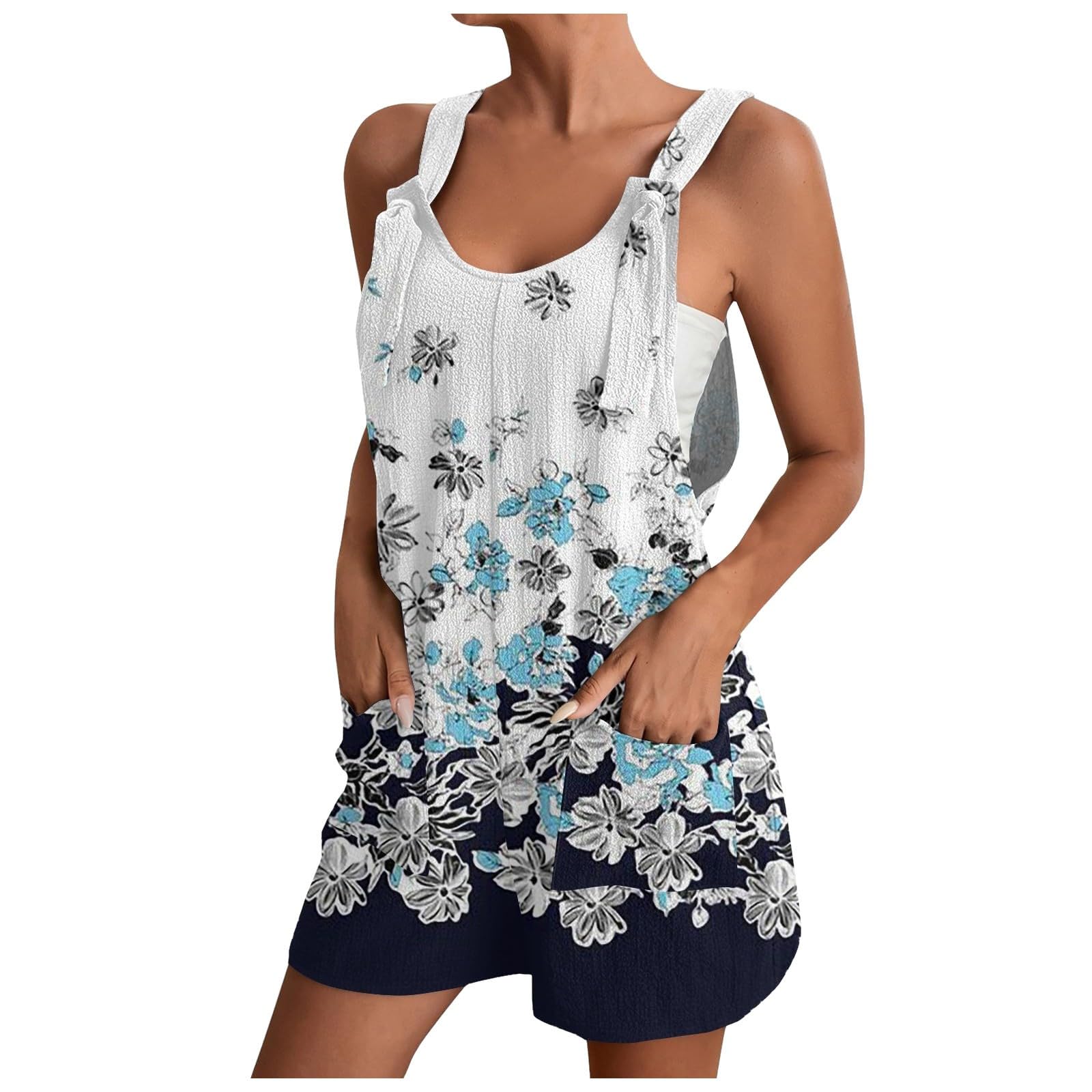 KBOPLEMQ Mono para mujer, de verano, corto, con flores, sin mangas, elegante, sexy, con bolsillos, cuello en V, playa, suelto, informal, mono