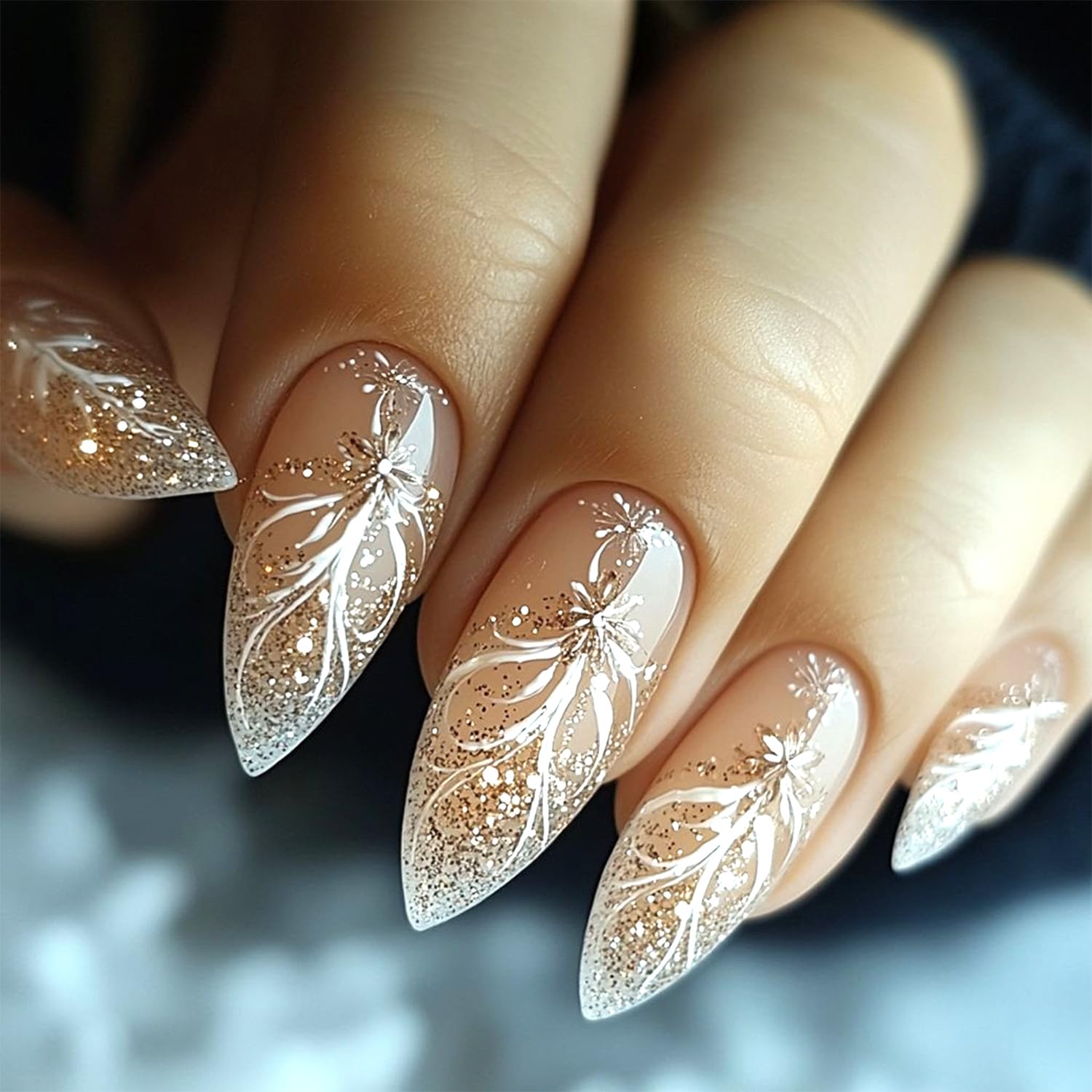 Glitter Gradient Press on Nails Long Almond Fake Nails Ballerina Full Cover Glue on Nail Glossy Artificial Acrylic Nail for Women DIY Manicure