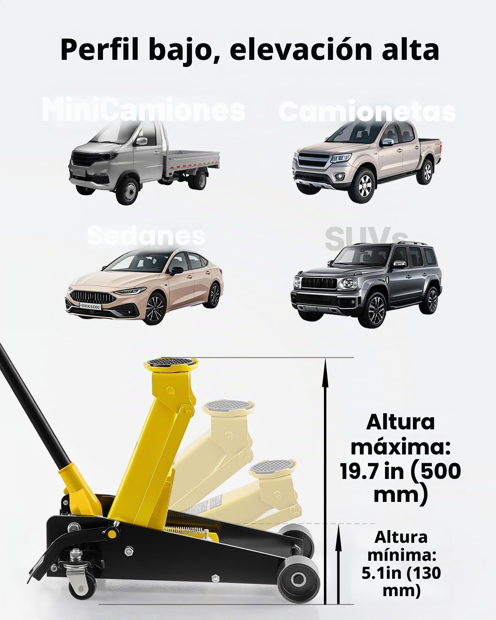 VEVOR Gato de Perfil Bajo Capacidad de 3 t, Gato Hidráulico de Acero con Bomba de Elevación Rápida de Un Solo Pistón, Rango de Elevación 130-500 mm, para Vehículos, SUV, Camionetas, Automóviles