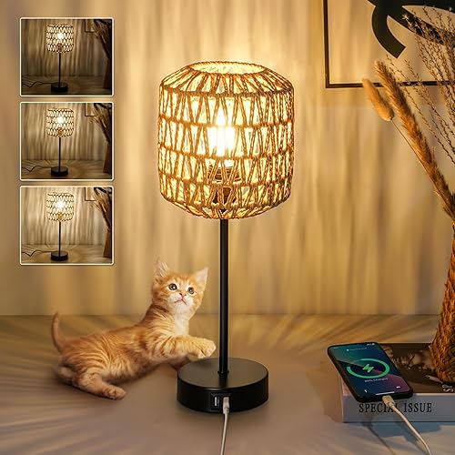 N02 Rustic Rattan Table Lamp with Handmade Woven Shade Dimmable Vintage Bedside Lamp Touch Control Boho Farmhouse Nightstand Lamp with USB Port for