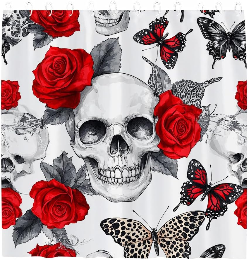 Skull Shower Curtain Flower Rose Butterfly Gothic Halloween Vintage Horror Trick or Treat Bathroom Decoration Polyester Waterproof Machine Washable with Hooks